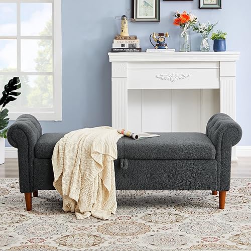 Miniatura 42 de Aoowow Banco de almacenamiento de 63 pulgadas para dormitorio, extremo de la cama, sofá otomano enrollado de tela de terciopelo armado, banco largo