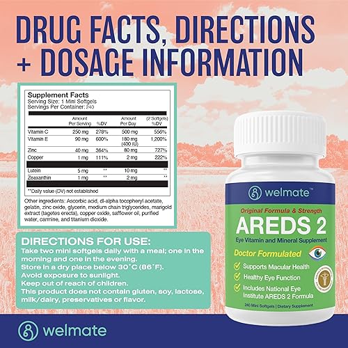 Miniatura 5 de WELMATE - AREDS 2 (120 porciones) - Suplemento vitamínico y mineral para los ojos - Vitamina C, zinc, luteína, zeaxantina - Salud macular -