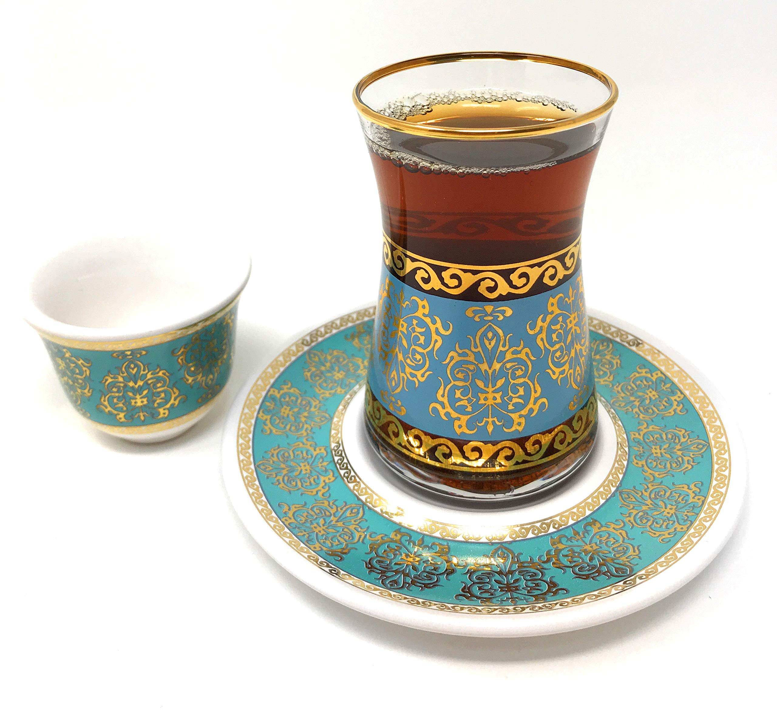 18 Piece Handmade Turkish Tea Glasses and Saucers Set with Arabic Mirra Coffee set (Art Design #21)