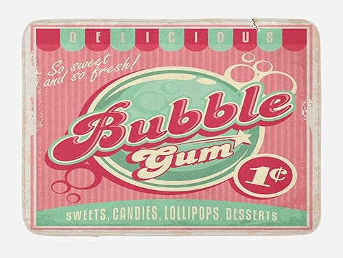 Lunarable Tapete de baño de los años 50, diseño de chicle sabroso caramelo piruleta de azúcar publicitario estilo póster, tapete de felpa para