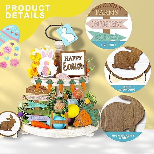 Miniatura 3 de Patelai 12 piezas de decoración de bandeja escalonada de Pascua, decoración de mesa de madera de Pascua rústica, conejo, conejo, zanahoria, gnomo,