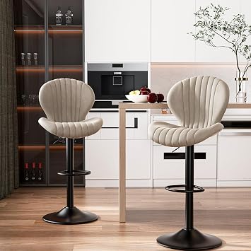 Hawthyhome Bar Stools Set of 2 |Breakfast Bar stools  Backrest Kitchen Barstools  Wooden bar Chair fabrics  Modern Adjustable Swivel Gas Lift  Beige