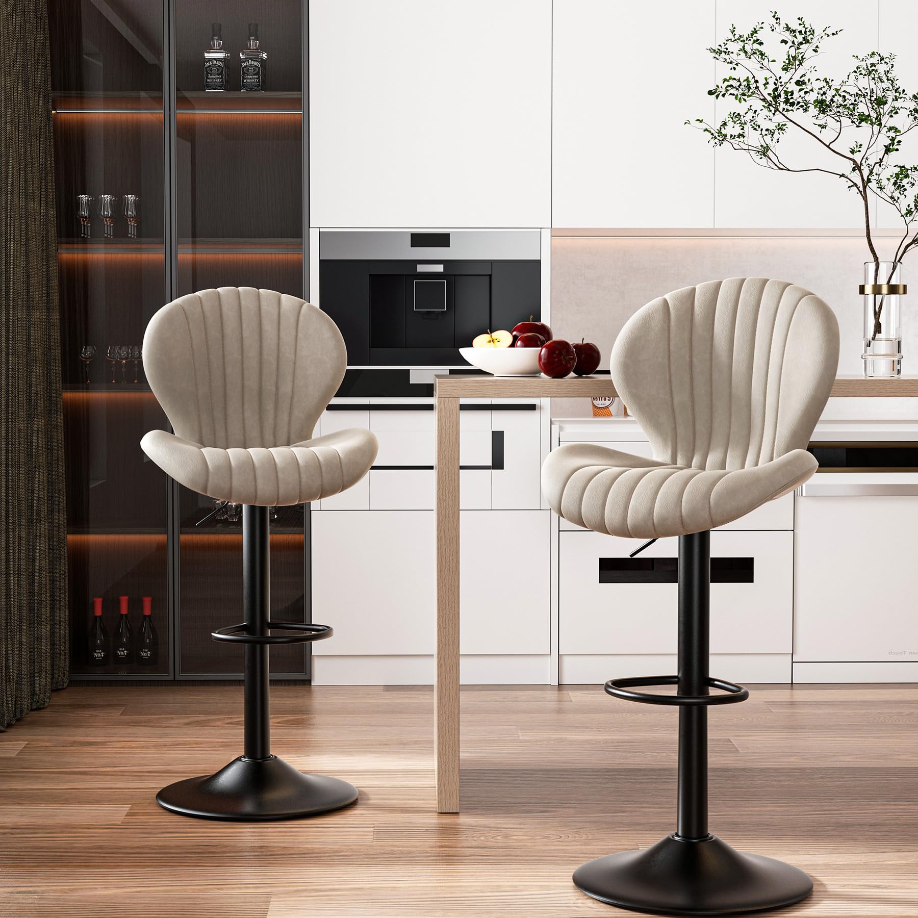 Hawthyhome Bar Stools Set of 2 |Breakfast Bar stools •Backrest Kitchen Barstools •Wooden bar Chair fabrics •Modern Adjustable Swivel Gas Lift •Beige