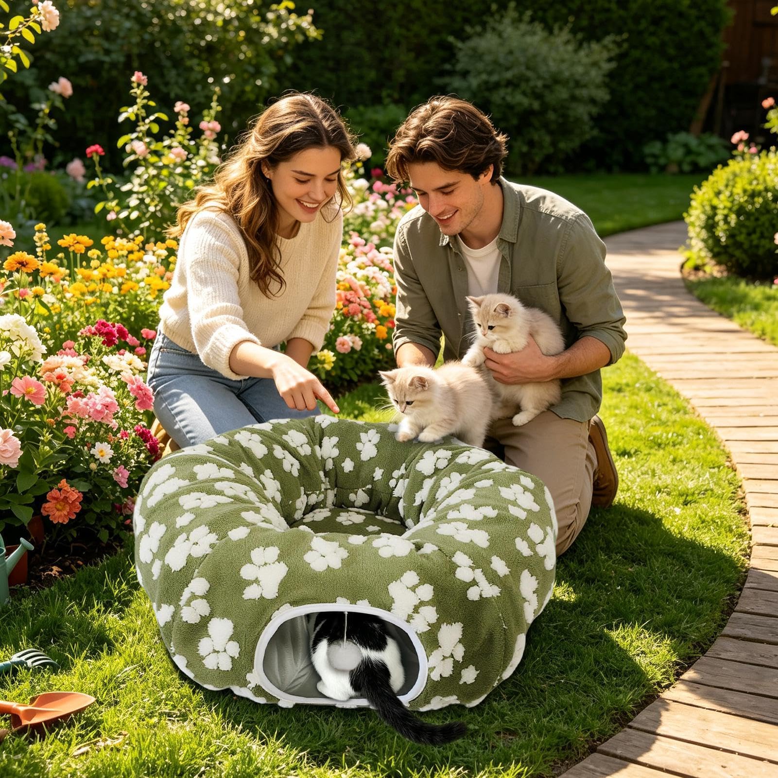 Generisch Donut Gato Con Pelota De Peluche Cálido Plegable Protección antivuelco Juego | Túnel de gato redondo cama para gatitos conejos perros pequeños piso interior casa sala de estar dormitorio balcón esquina