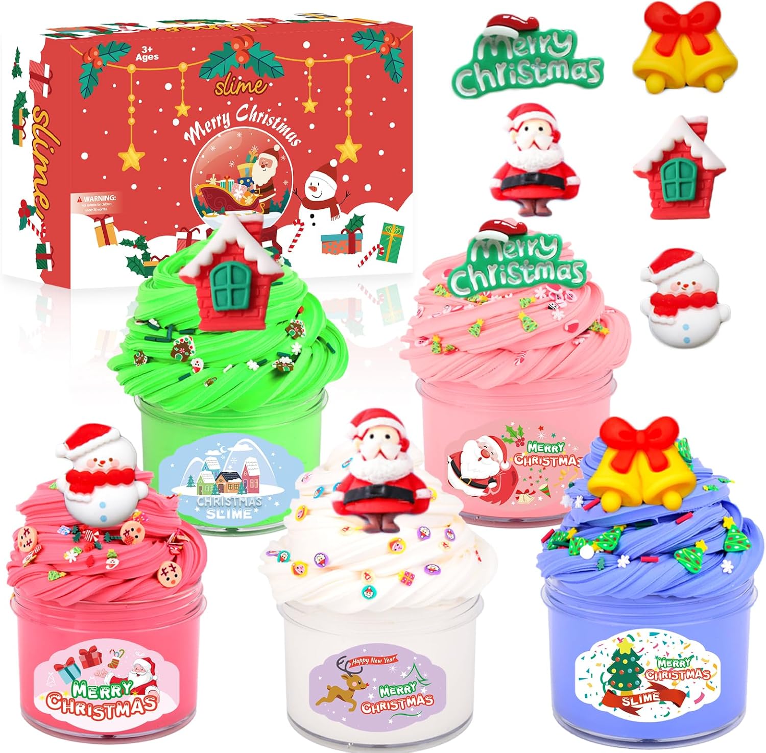 5 Pack Christmas Butter Slime Kit for Kids Party Favors, DIY Xmas Slime Gifts Toys for Stocking Stuffers for Boys Girls