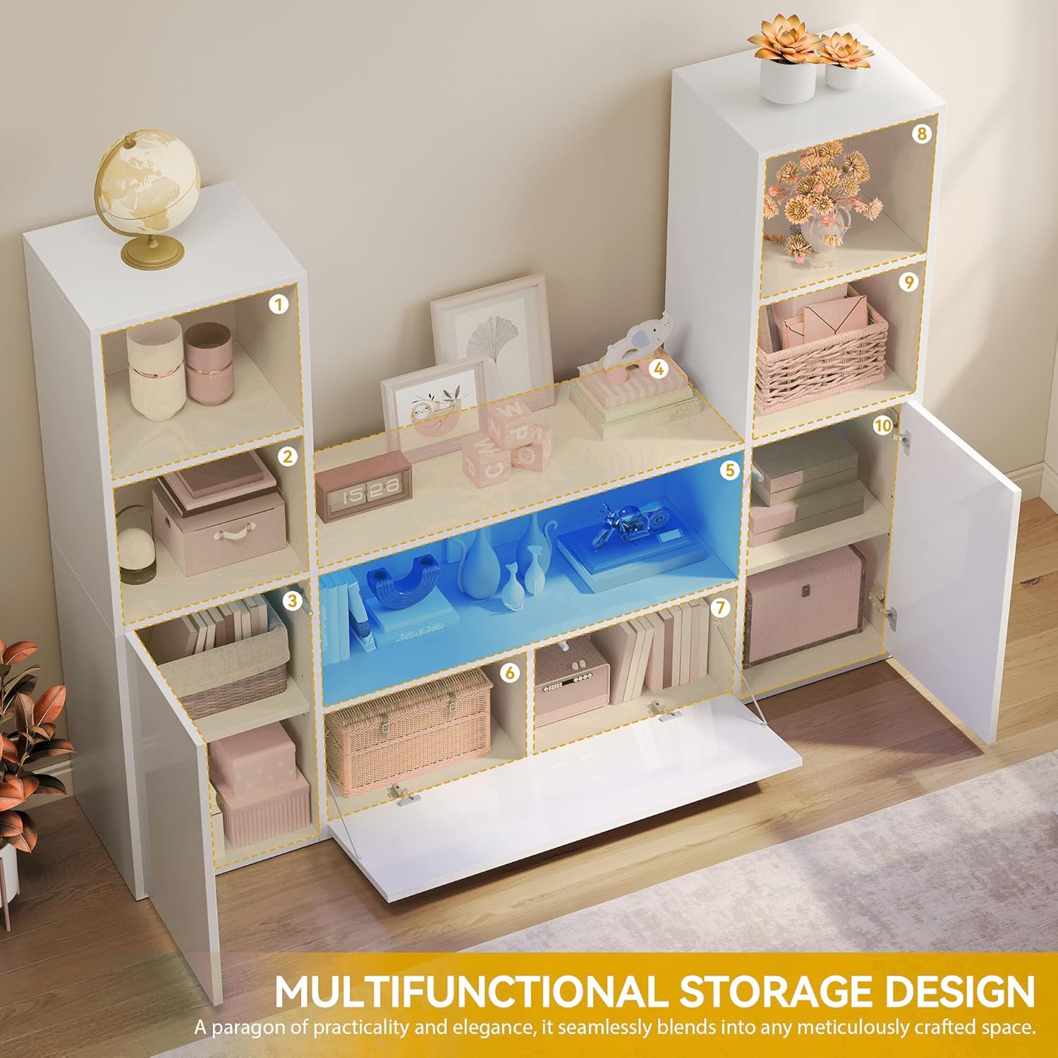 DWVO Castle TV Stand with LED Light, U-Shaped White Bookshelf with Storage Cabinet, UV High-Gloss TV Stand Display Unit, Cube Organizer for Living Room, Home Office