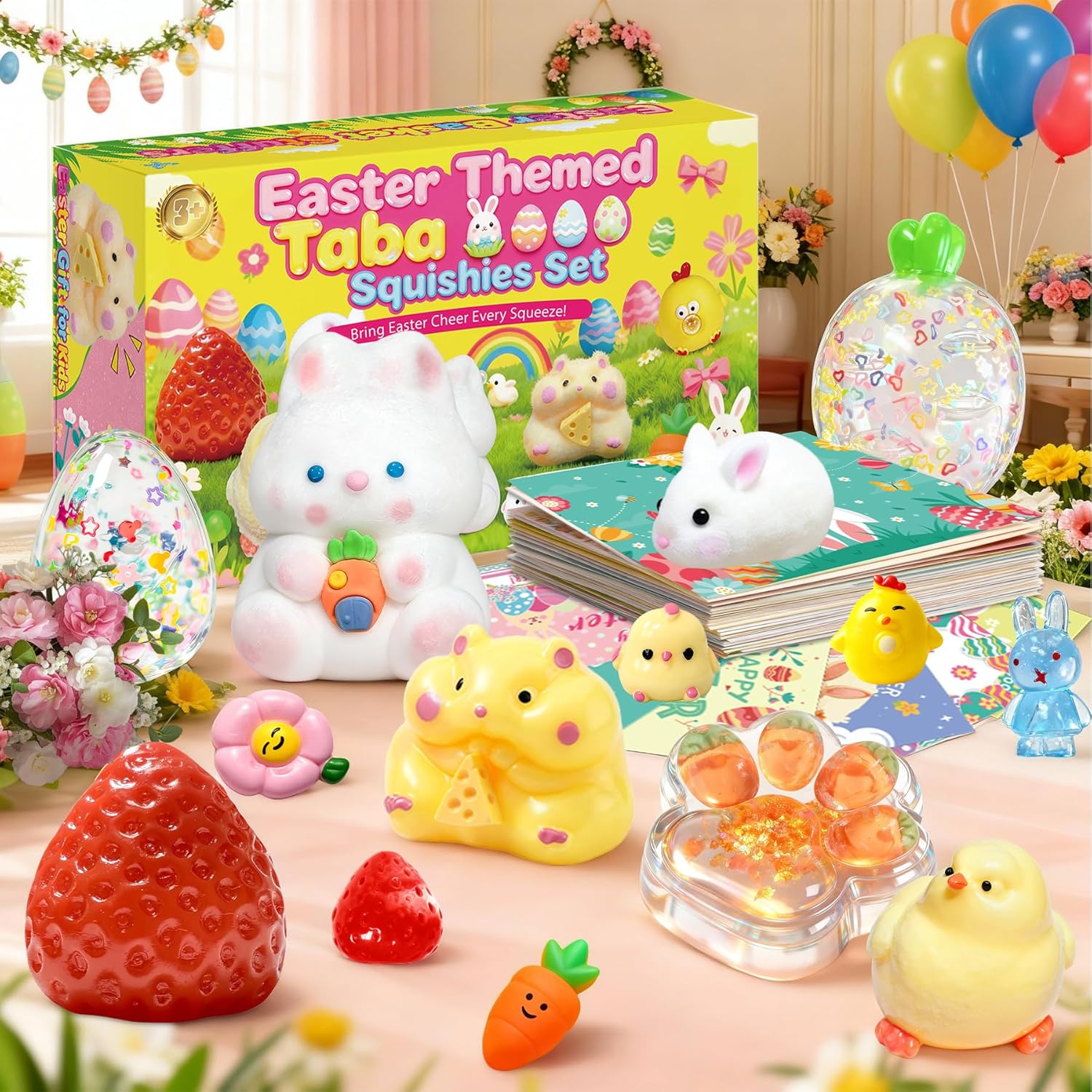 Easter Gifts for Kids - 20Pcs Taba Squishies Kit with Greeting Cards, Kawaii Stress Relief Toys, Squishies Fidget Toys Prizes for Kids Classroom Party Favors and Easter Basket Stuffers for Teens