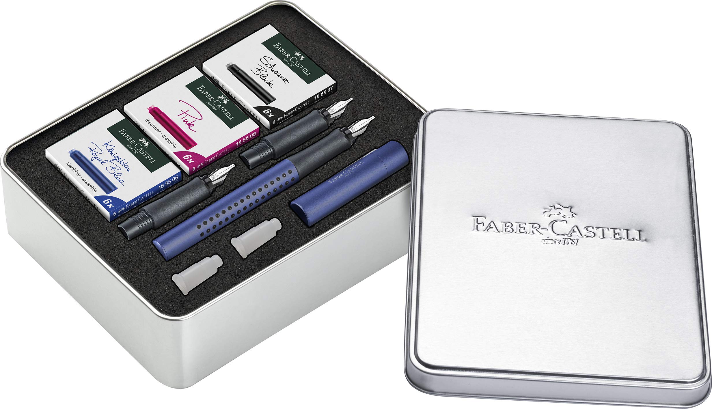 Faber-Castell 201507 Calligraphy Set Grip 2011, Fountain Pen with Three Different Nib Sizes, 6 Cartridges Each Black