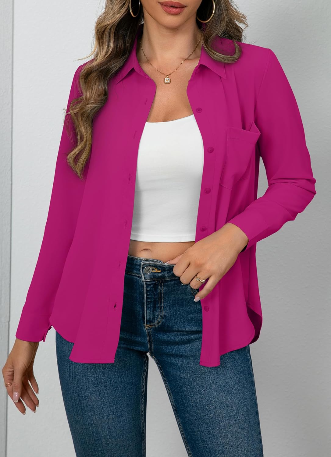 OMSJ Women's Button Down Shirts Casual Long Sleeve Stylish V Neck Solid Work Business Blouses Tops with Pocket - Image 3