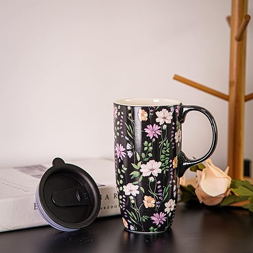 Miniatura 3 de DUSVALLY Taza de café de cerámica con tapa, taza de té de latte de porcelana con asa 16.9 fl oz17 oz, negro, regalos para mamá