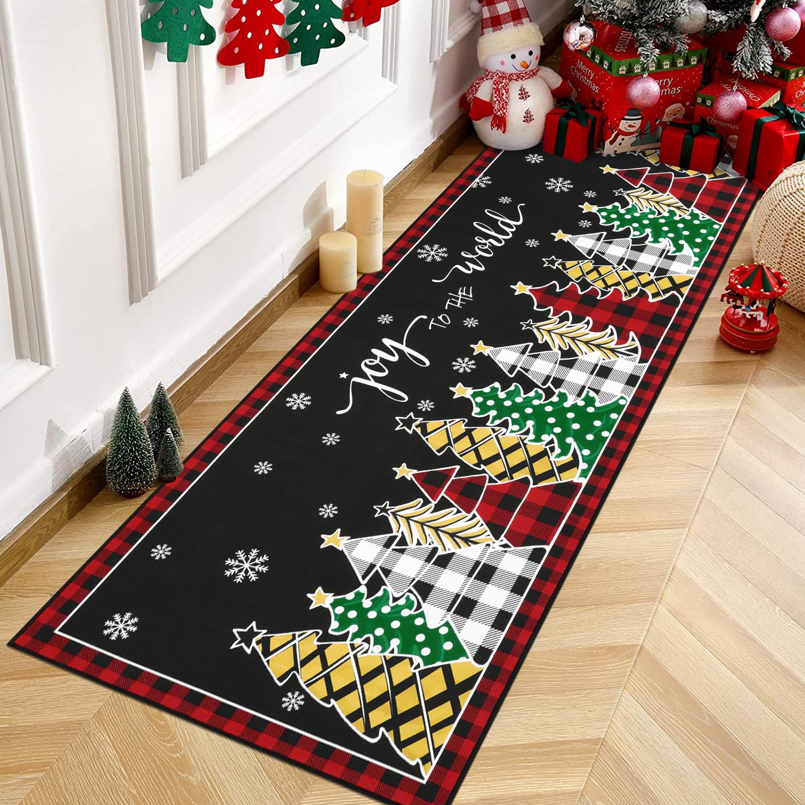 Enyhom Alfombra de Navidad, Color Negro, para Entrada de árbol de Navidad, de bajo Perfil, Barrera de Suciedad, Antideslizante, Alfombra de Bienvenida para Cocina, Sala de Estar, Dormitorio,