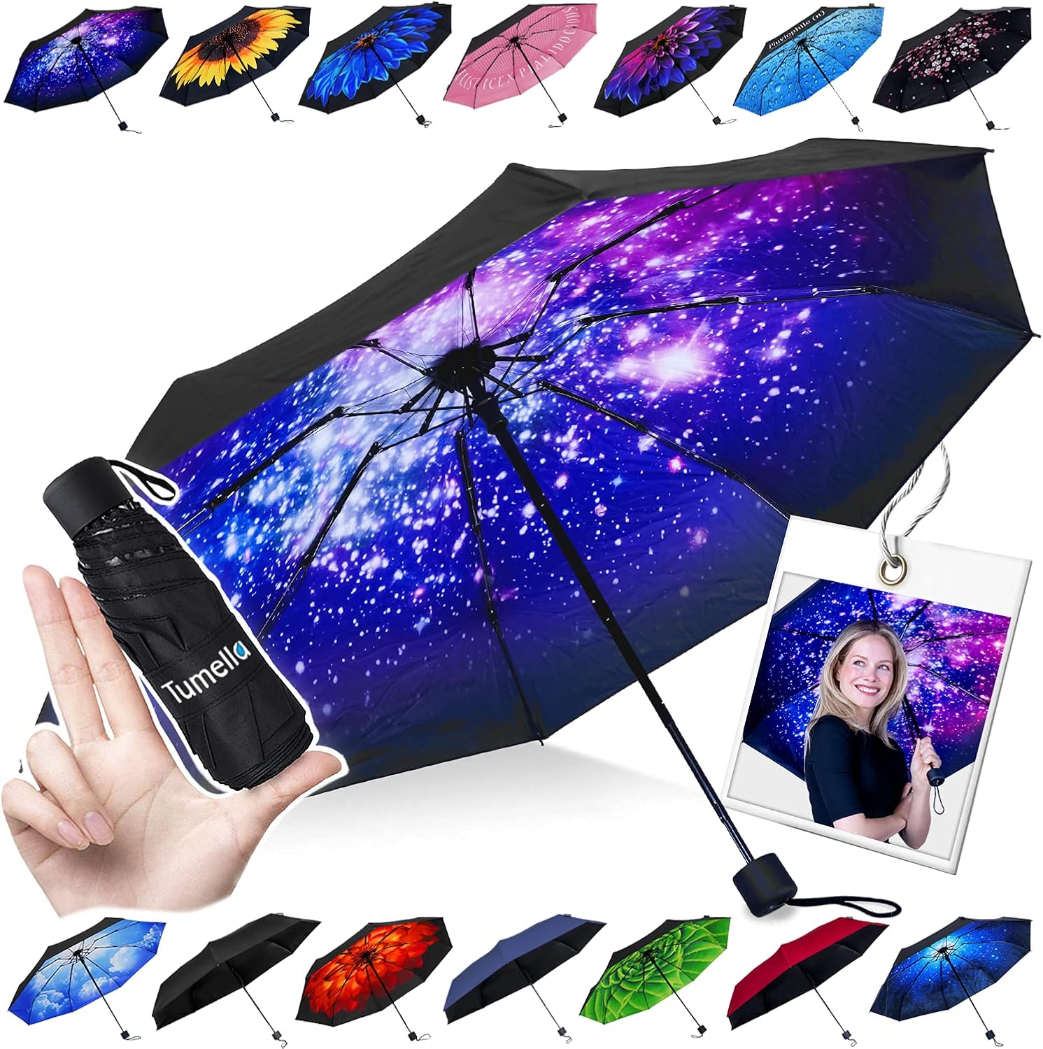TUMELLA Mini Travel Umbrella, Small, Light & Compact [Premium 8-Rib Sturdy Design], Wind, Water & UV Resistant, Sun&Rain, Beautiful Nature Inspired Designs, Easy-Fit Case : Clothing, Shoes & Jewelry