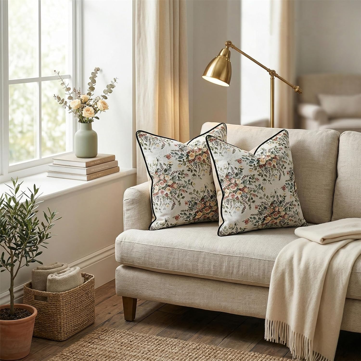 Vintage Rose Throw Pillow Covers 18x18 Inch Set of 2, Floral Woven Couch Pillow Covers with Velvet Backing & Corded Piping, Farmhouse Decorative Cushion Cases for Sofa Living Room, Light Aqua