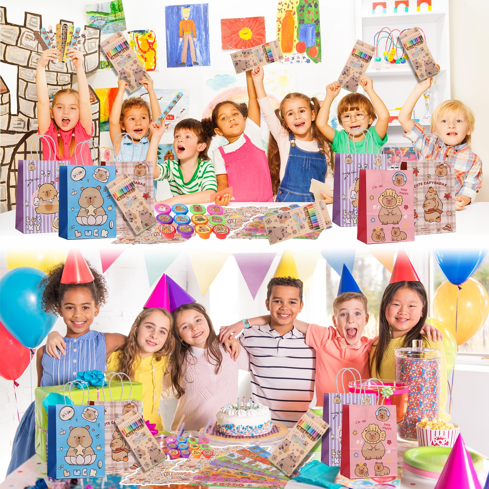 110PCS Regalo per Feste Capybara, Bambini Compleanno Party Regali, Capybara Party Favor Supplies, Include Sacchetti, Gomme Colorate, Slap Bracciali, Timbri Pratici