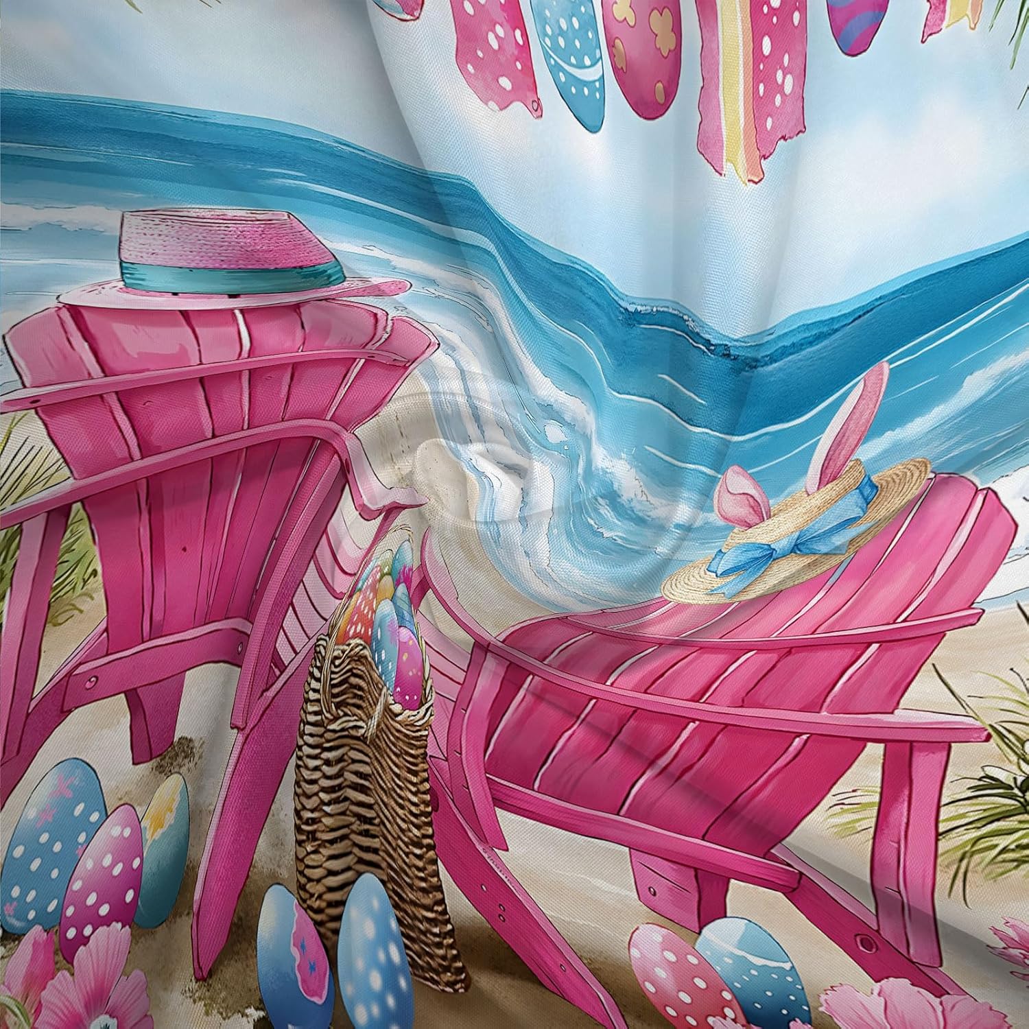 Easter Beach Scene Shower Curtain Tropical OceanEggs Beachy Recliner Chair Palm Leaf Floral Plant Watercolor Seaside Landscape Bath Curtain Fabric Bathroom Accessories Decor with Hooks 90W x70L