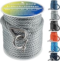 Vista 8 de Cuerda de anclaje premium de 50 pies x 1/2 pulgadas, línea de anclaje trenzada sólida MFP para barco con dedal y grillete - Negro