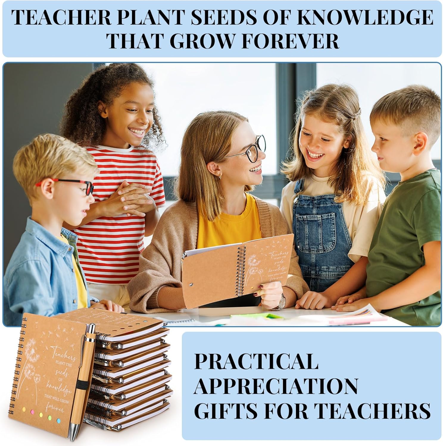 Resurhang 24 Sets Teacher Appreciation Gift Bulk Motivational Graduation Spiral Notebook with Pen Sticky Notepad Index Tabs Thank You Gift Dandelion Kraft Notebook Set for Teacher Graduation