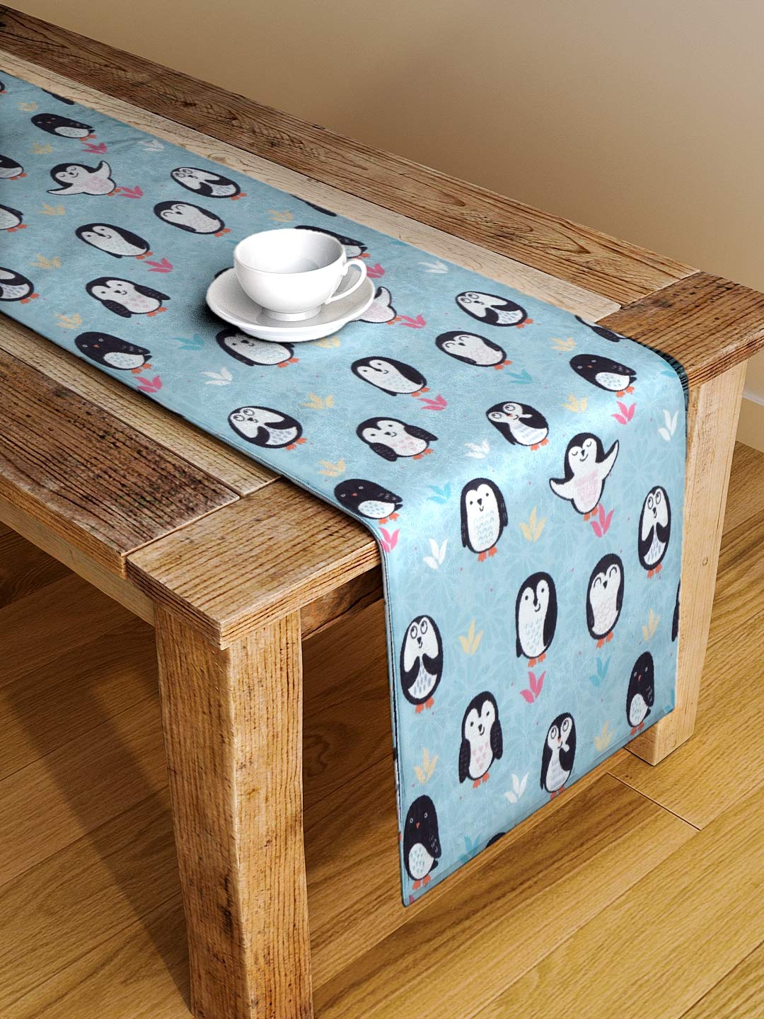 ALINA DECOR Poly Cotton pengwin Patter HD Printed Washable Runner for Dining Table Runner/Table Runner for Dining Table 4-6 Seater Table Runner Cloth (Blue Color, 13 Inch X 54 Inch).