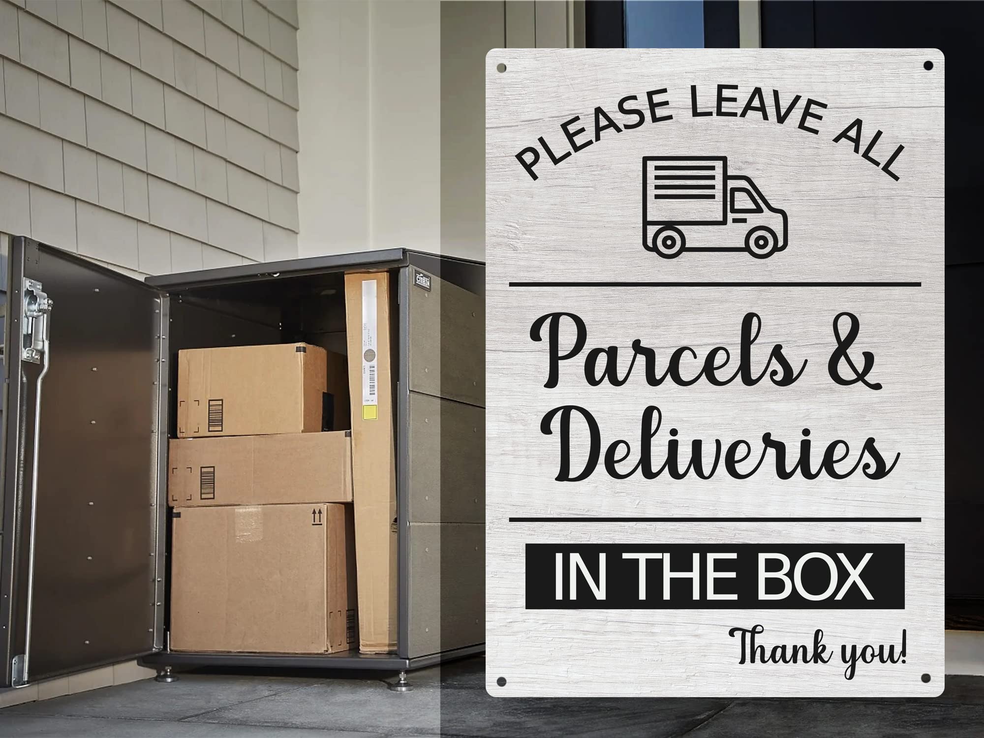 Please Leave All Parcels & Deliveries In The Box Notice Sign, Choice of 2 Colours with 4 Drill Holes - Image 2