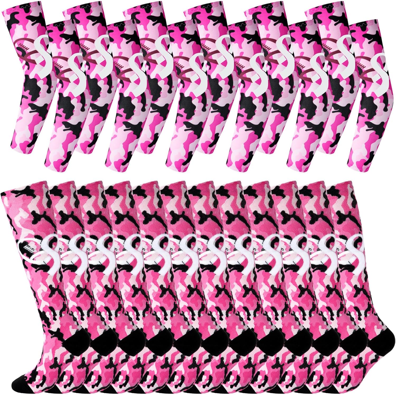 Cozypower 12 Pairs Breast Cancer Awareness Sleeves and Socks Pink Ribbon Football Arm Sleeves Knee High Socks for Youth Sport