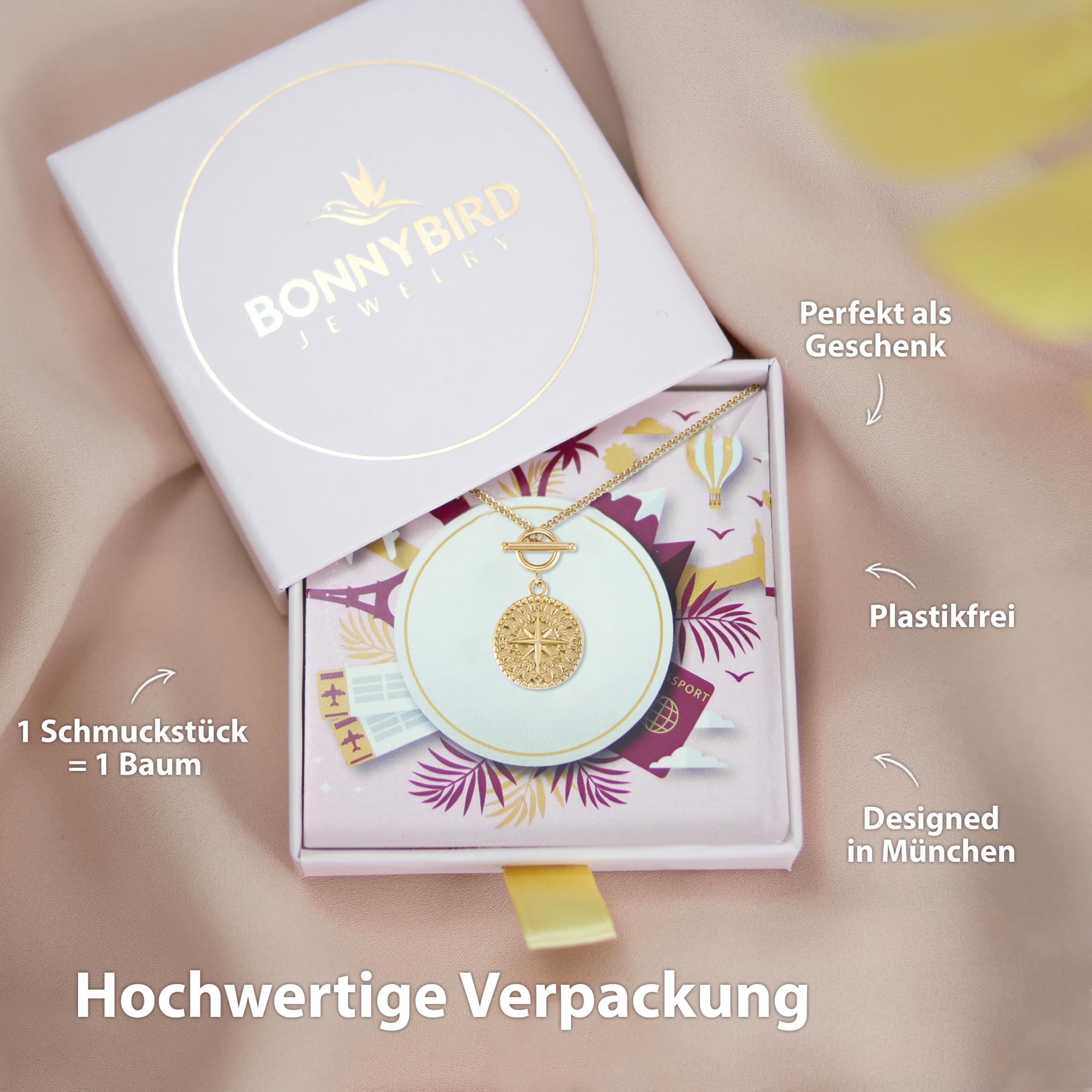 BONNYBIRD® Wasserfeste Edelstahl Kompass Kette Damen in Silber, Gold & Roségold, Premium Halskette Damen mit Kompass Anhänger, 100% Wasserfest & Hautverträglich BonnyCompass