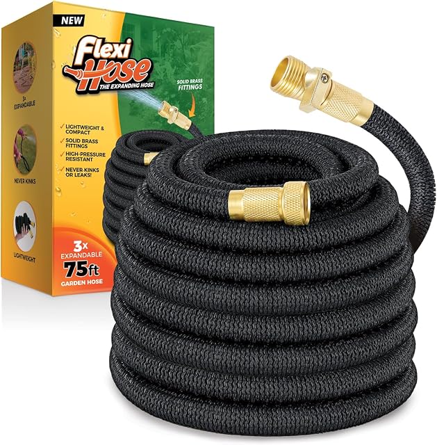 Flexi Hose Jardin extensible Hose, Léger & Jardin flexible sans évier Hose, Raccords en laiton massif de 3/4 pouces et double latex, 75 Ft Noir