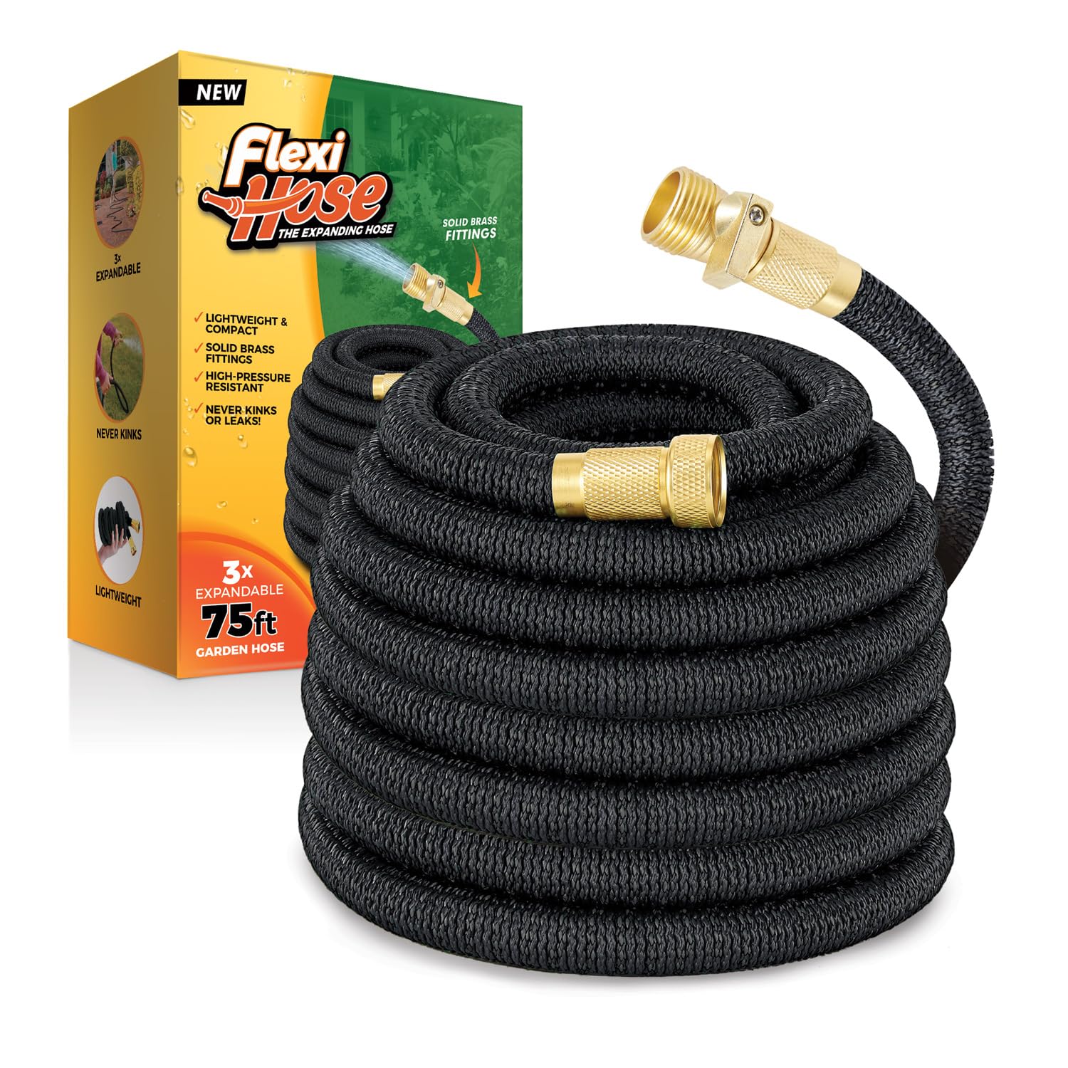 Flexi Hose Improved Expandable Garden Hose, Extra Strength, 2 Cm Solid Brass Fittings - Flexible Water Hose Without Binks, 8 Functions Spray Included (15 M, Green/Black