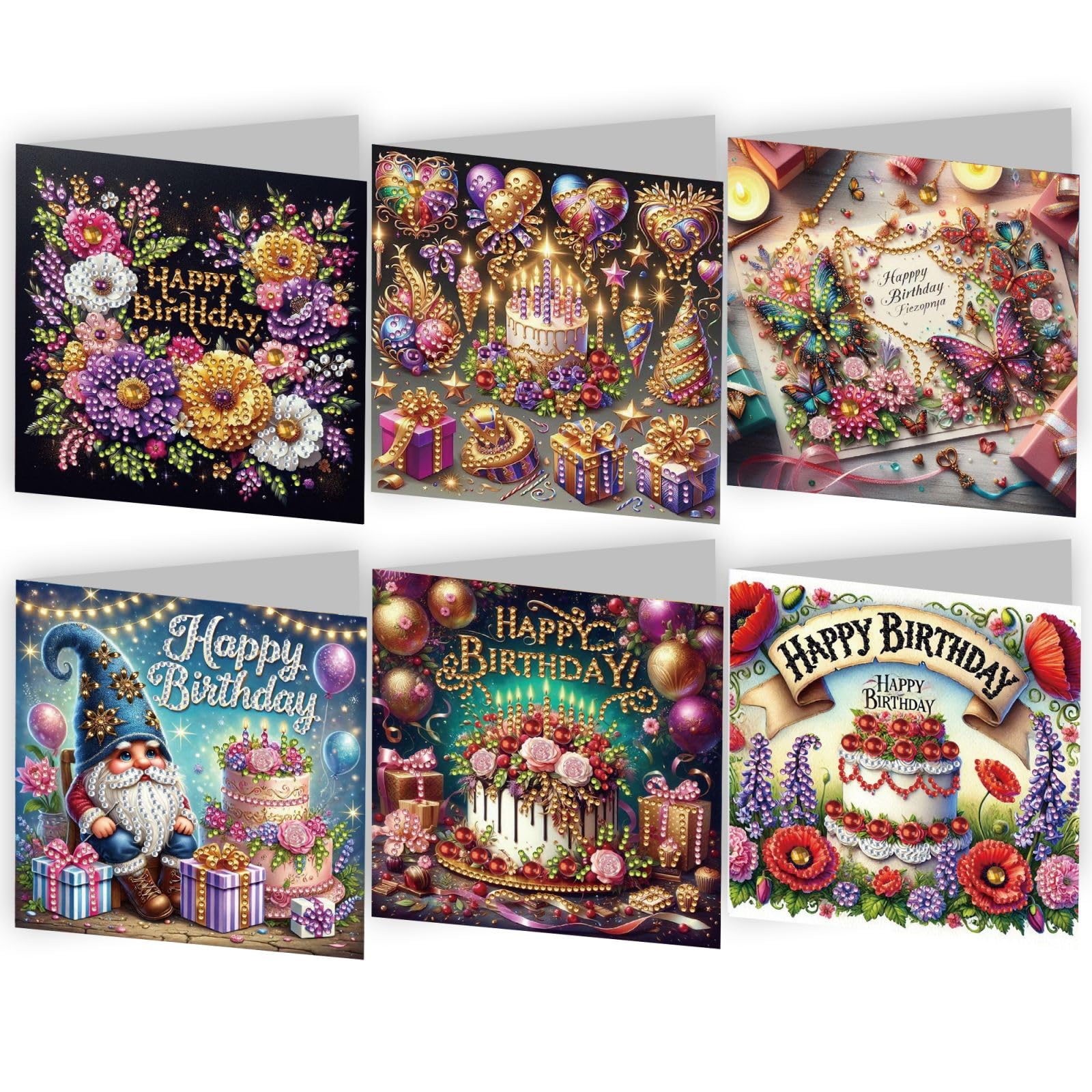 Lebartm 6Pcs Folding Greeting Card DIY Diamond Art Painting Creative Design Thank You Cards Blessing Gift Greeting Card Set for Birthday Christmas Crafts Gift -Birthday02