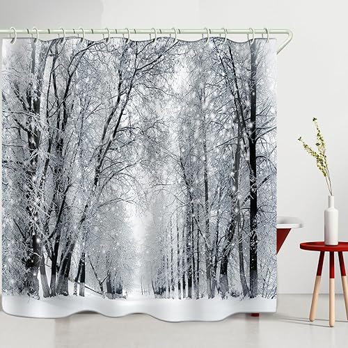 Miniatura 8 de WODEJIA Cortina de ducha de tela con arte de Navidad, bosque de nieve impreso para baño, bosque de nieve, cortinas de inodoro anchas impermeables