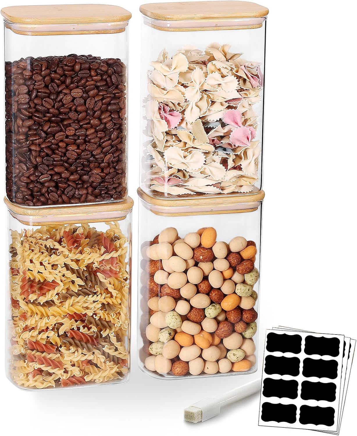Glass Food Storage Containers with Lids 50 OZ, Set of 4 Canisters for Pantry, Cereal, Flour & Rice, Rectangle Jar with Bamboo Airtight Lids - Ideal for Kitchen Organization 50OZ*4