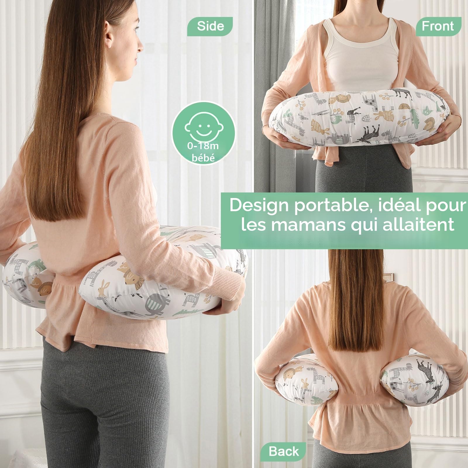 Coussin d'allaitement, Essentiels d'allaitement Ergonomiques pour le Biberon et L'Allaitement, Rembourrage en Fibres et Housse Amovible en Coton 100% Biologique, Lavable en Machine (Parc Animalier)