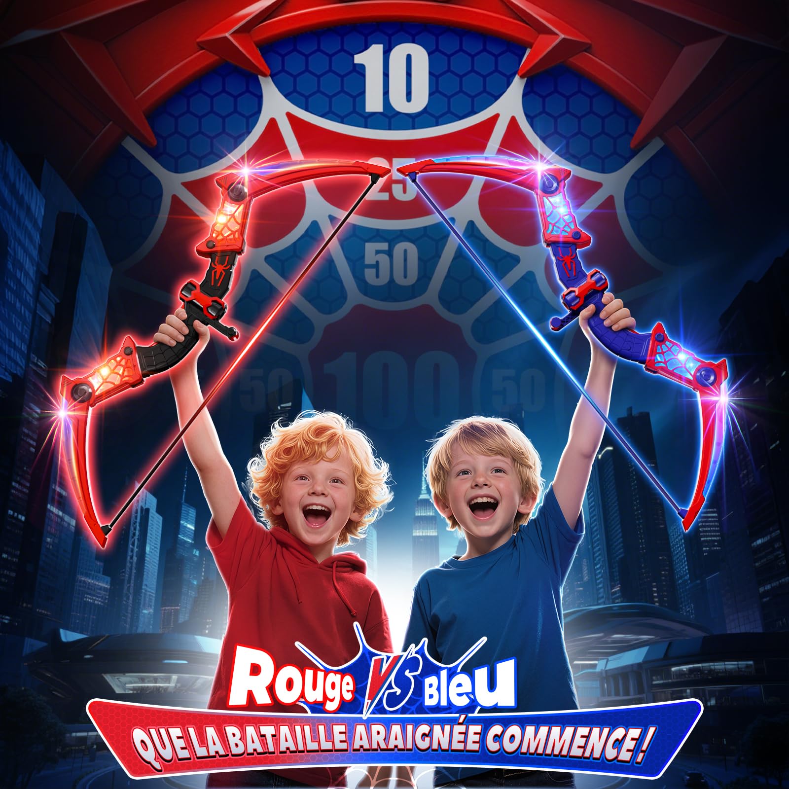 Kidluna Lot de 2 ArcFlèche avec LED Rouge Bleu, Cible Araignée sur Pied & Carquois Araignée Jouet Cadeau Garçon 3 4 5 6 7 8 9 10 11 12 Ans, Jouet Jeux Cadeau Enfant 3-12 Ans Garçon Fille