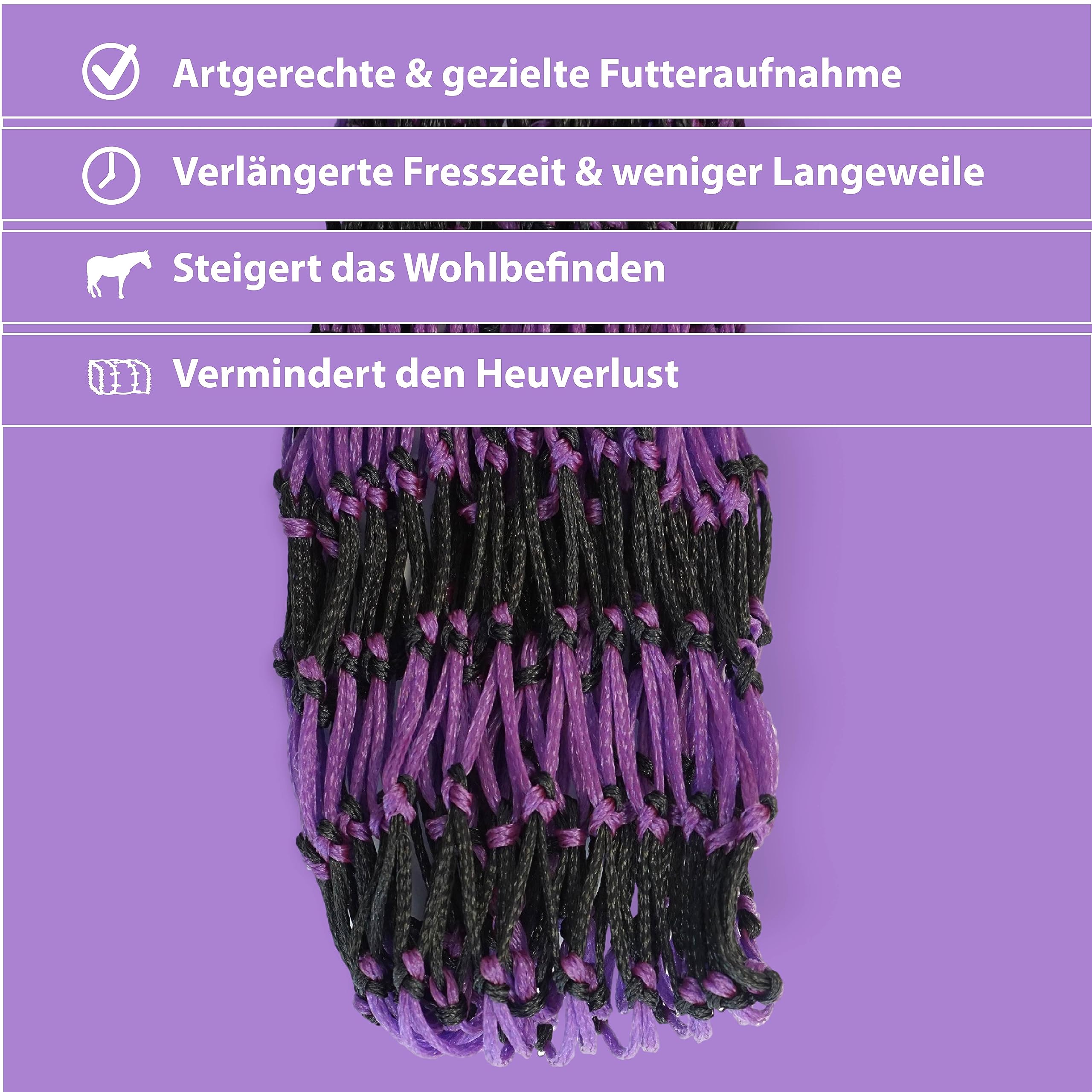 Extra Large Hay Net for Horses 5 x 5 cm Mesh Species-Appropriate Feeding Improved Digestion Hay Bag for Travelling Feeding Bag for Ponies Young Horses Old Horses Goats (1 x Black/Purple) - Image 4