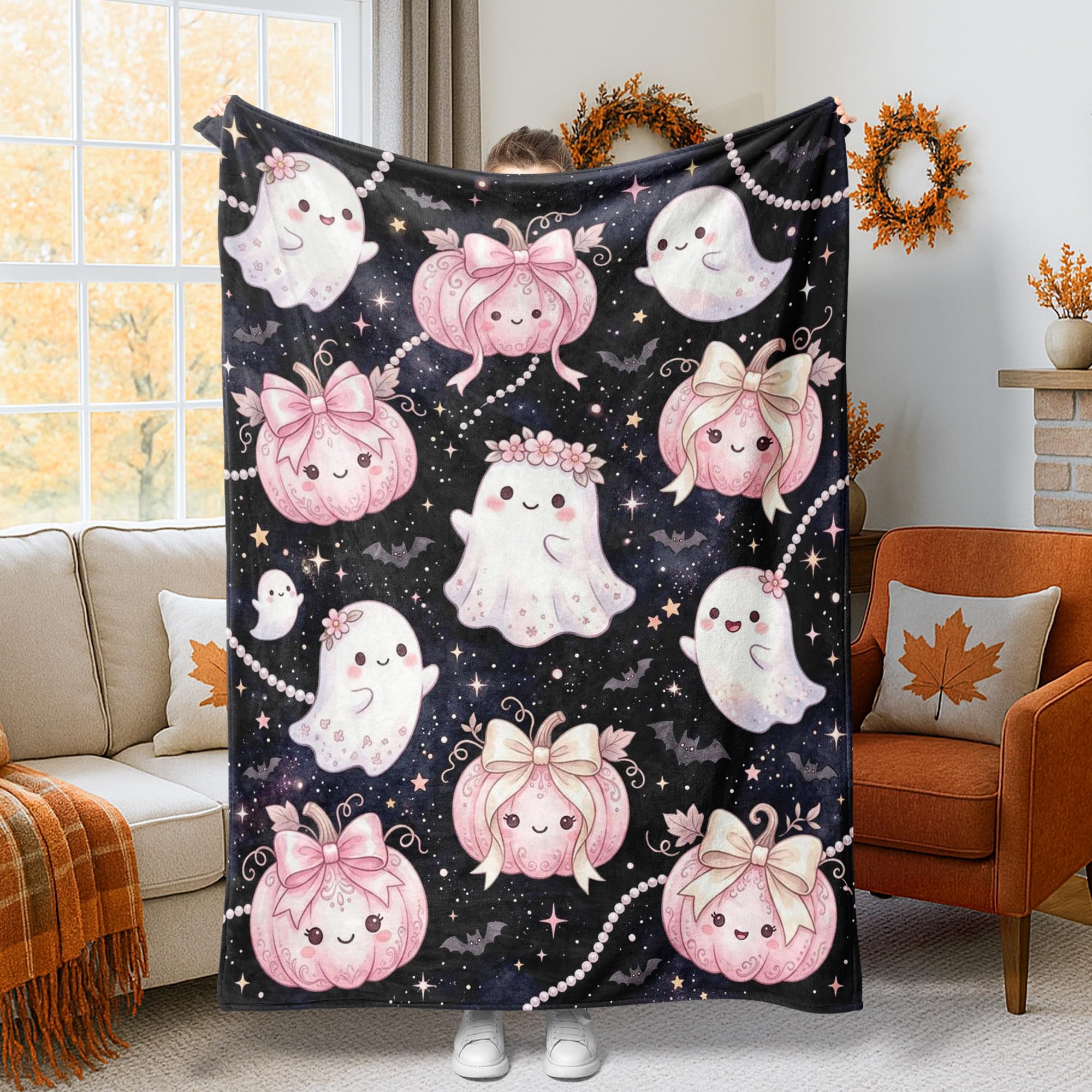 Couverture fantôme Halloween noire à motif citrouilles plaid pelucheux canapé 152x203 cm