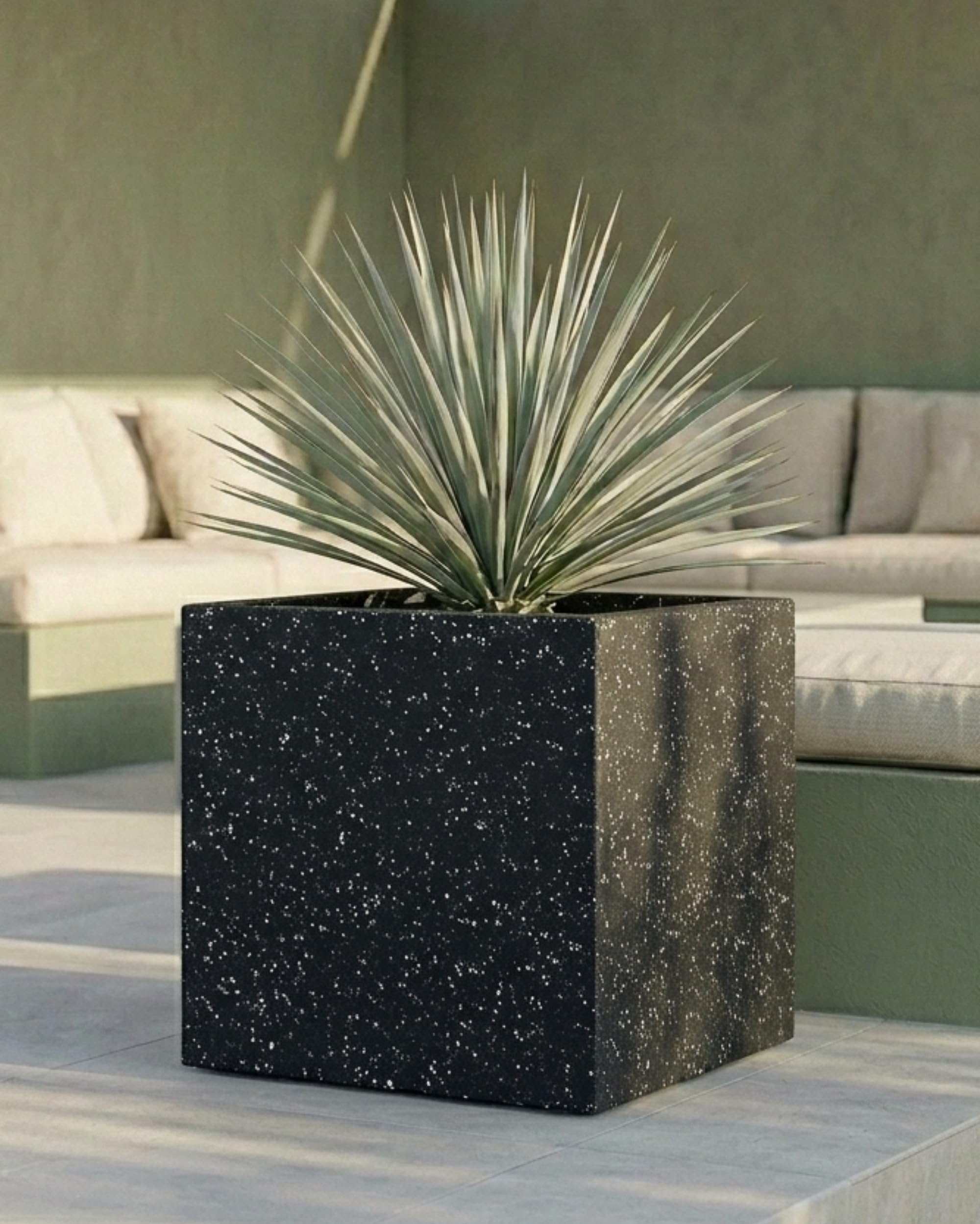 IDEALIST 40cm Square Planter | Black Terrazzo Effect Reinforced Stone Flower Box Outdoor Plant Pot | Garden Planters with Drainage Holes L40 W40 H40 cm, 65 litres