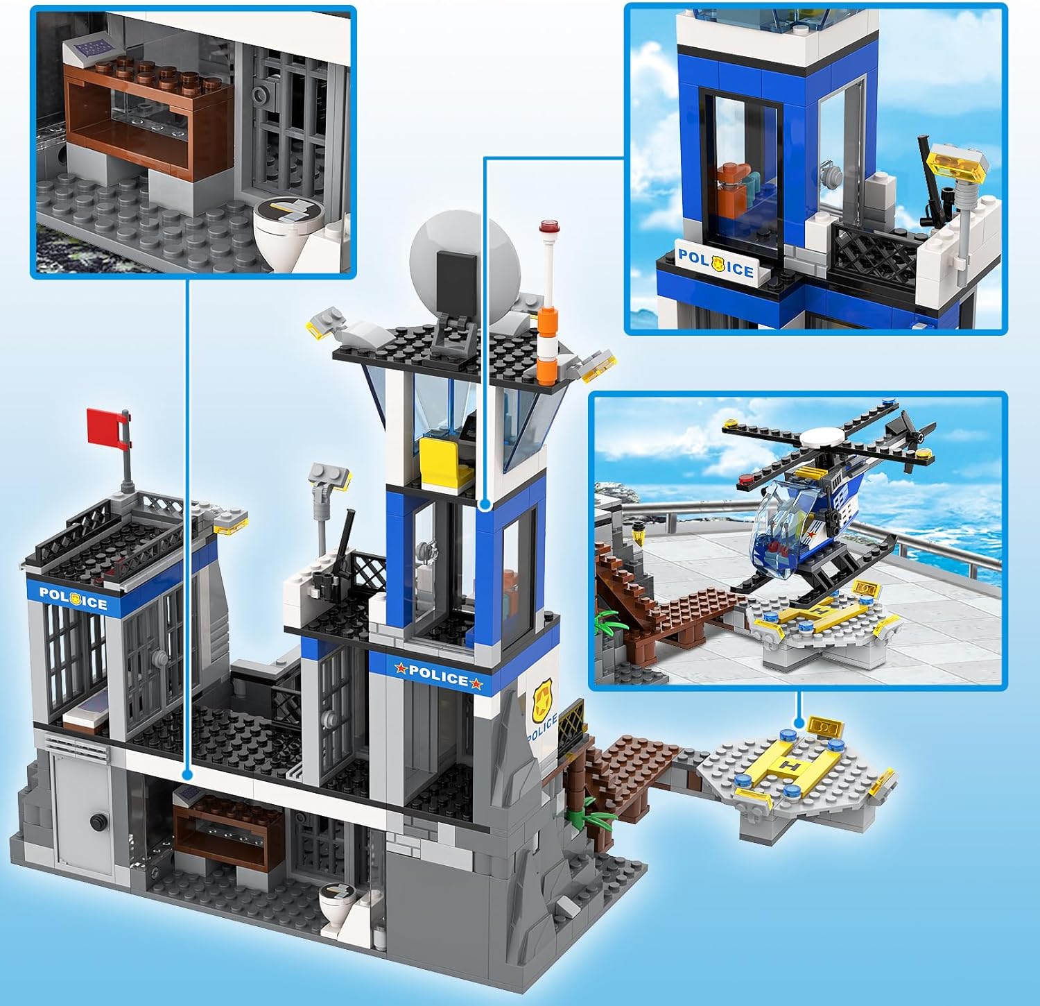 City Police Prison Island Building Blocks Set, Police Station Building Toy Kit with Police Car Drone Helicopter Boats, Best Preschool Toys Gift for Kids, Boys, and Girls Aged 6+ (946 Pieces)