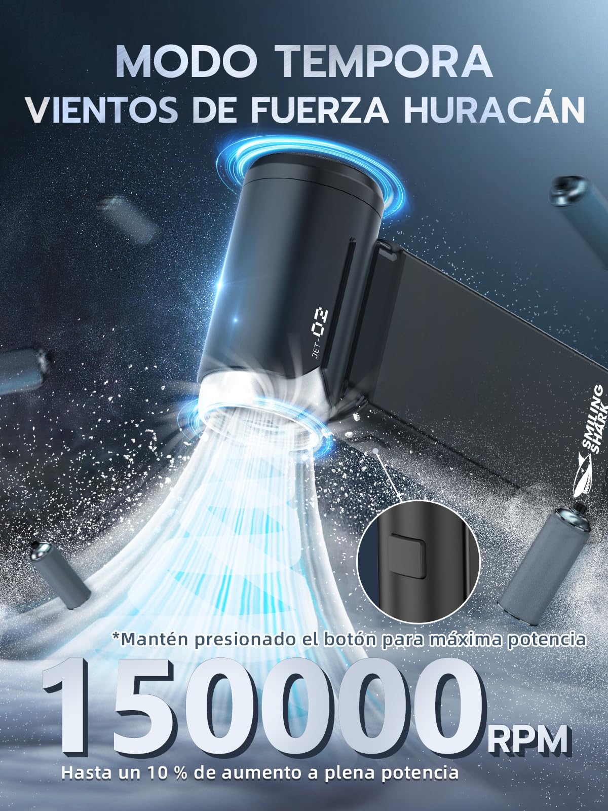 Smiling Shark Soplador de Polvo Eléctrico, J02 Aluminio 150000RPM Plumero de Aire Comprimido Potente Inalámbrico con Modo Storm y Batería de 8000mAh, Mini Turbo Ventilador para Cooling/PC/BBQ/Coche