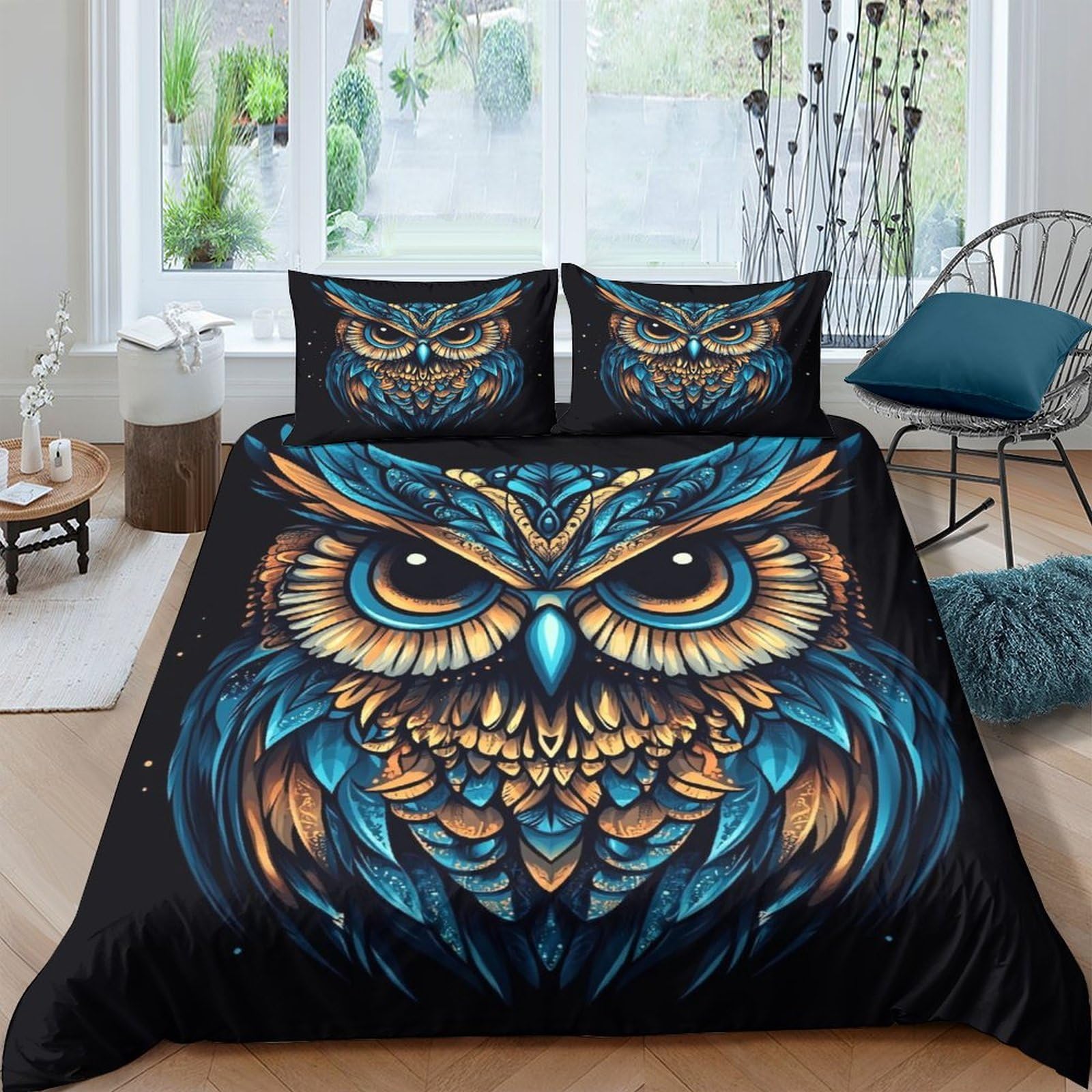 Ctjqhvkz Style-8 3D Printed Blue Owl Fitted Sheet Microfiber Soft Breathable Orange Feather Bed Cover For Bedroom Guest Room Decor Single（135X200cm）