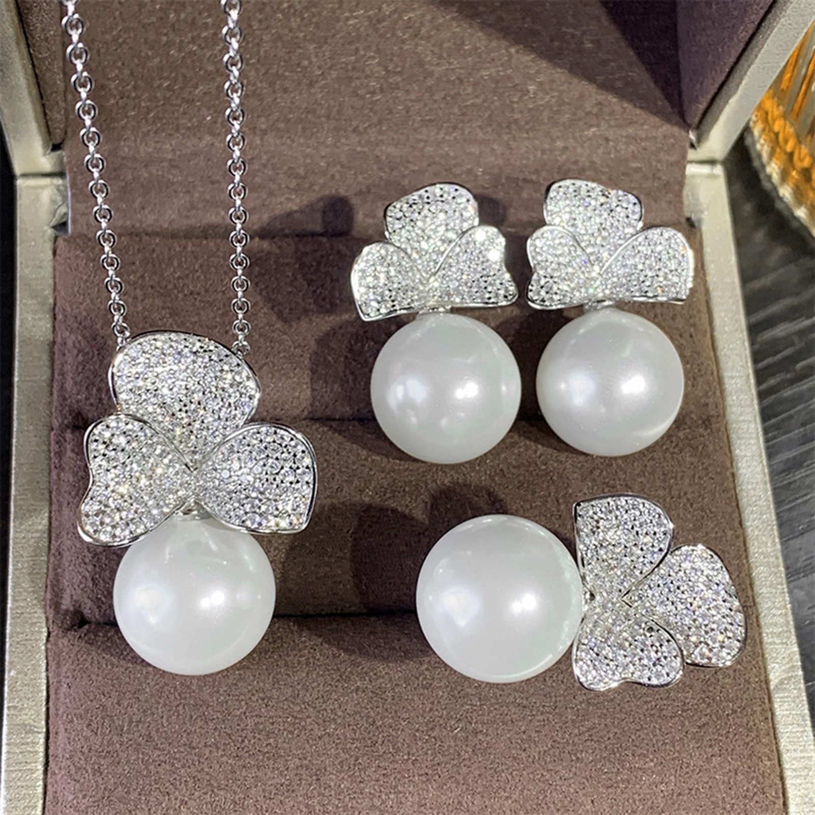 Set di gioielli da sposa in argento Sterling 925 con ciondolo a forma di trifoglio, collana con ciondolo a forma di fiore, orecchini con perle finte, 5 misure di anello (7), 7, metallo, senza pietre