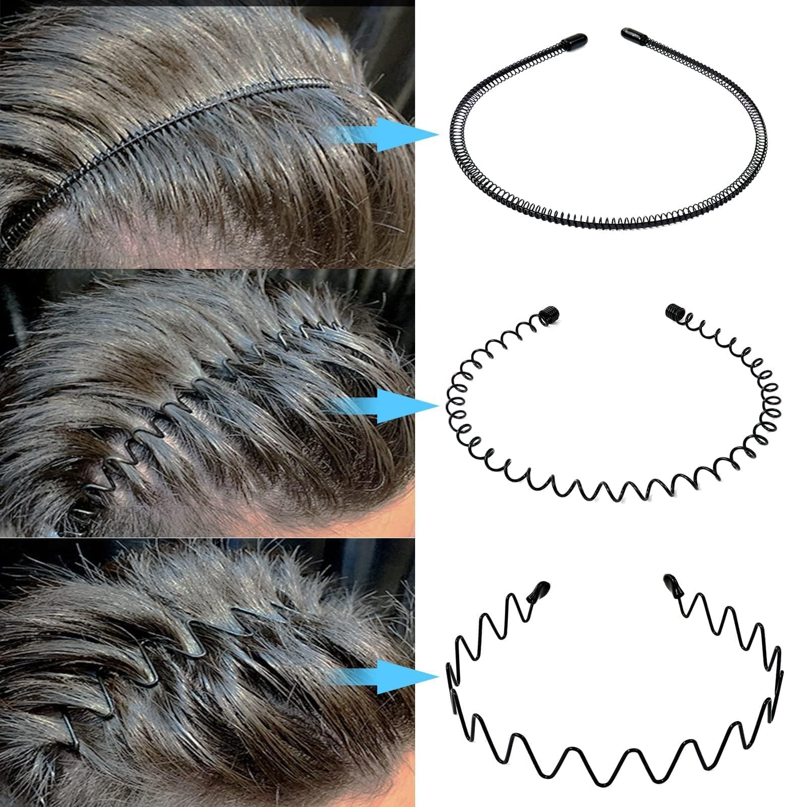 Hanyousheng 6 Pezzi Cerchietti per Capelli, Unisex Cerchietto in Metallo, Cerchietto Fasce per Capelli Fascia Ondulata Nero, Multiplo Stile Antiscivolo Cerchietto, Adatto per Sport, Yoga, Trucco