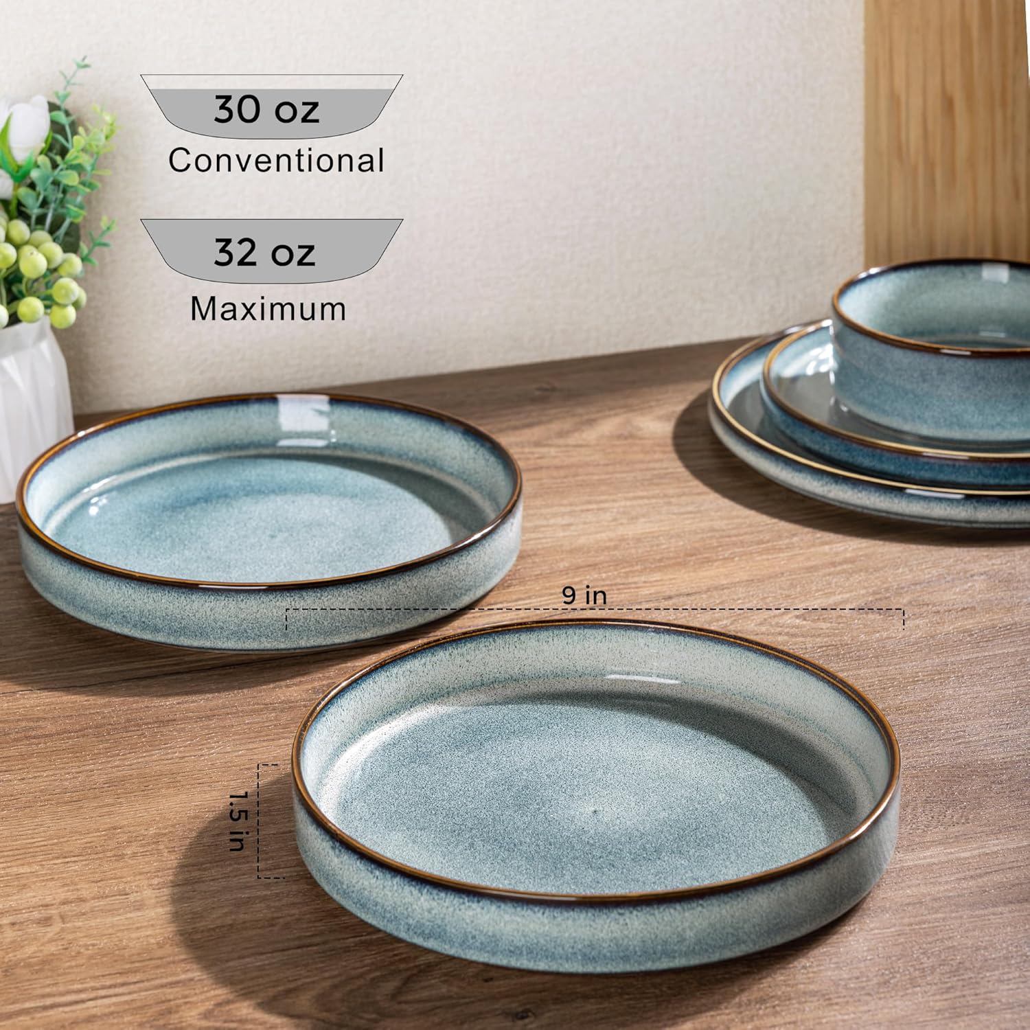 GBhome 9'' Large Ceramic Pasta Bowls, 32oz Stoneware Pasta Serving Bowls Set of 4 for Kitchen, Wide Bowls for Fruit,Pasta,Salad,Oatmeal,Meal, Microwave Safe, Space Blue