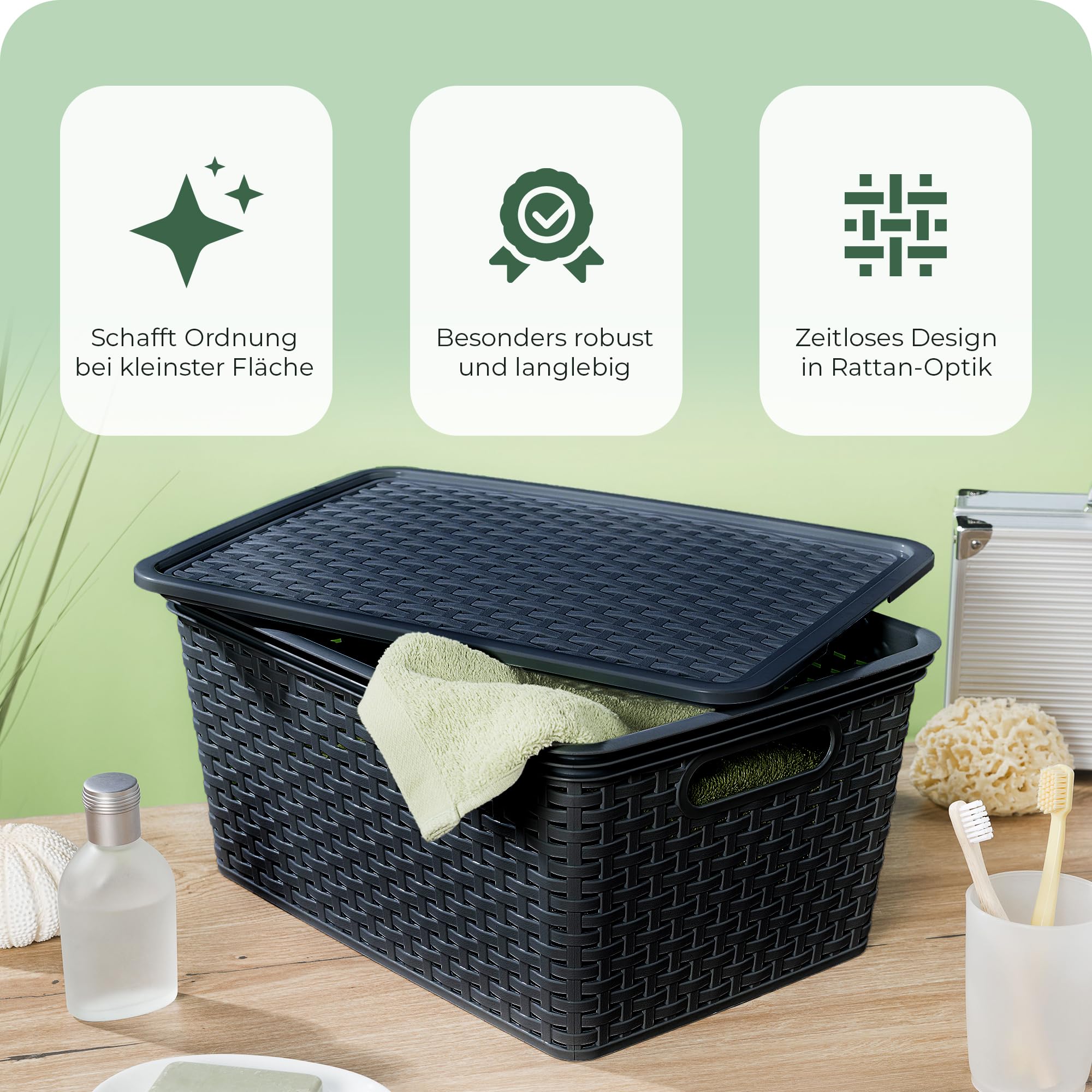 Novaliv 6er Set Aufbewahrungsboxen mit Deckel Groß 14L Korb Schwarz in Rattan Design Lebensmittelecht Aufbewahrungskorb Stapelboxen Nestbar Kunststoff BPA-frei Kiste Verstaubboxen mit Deckel