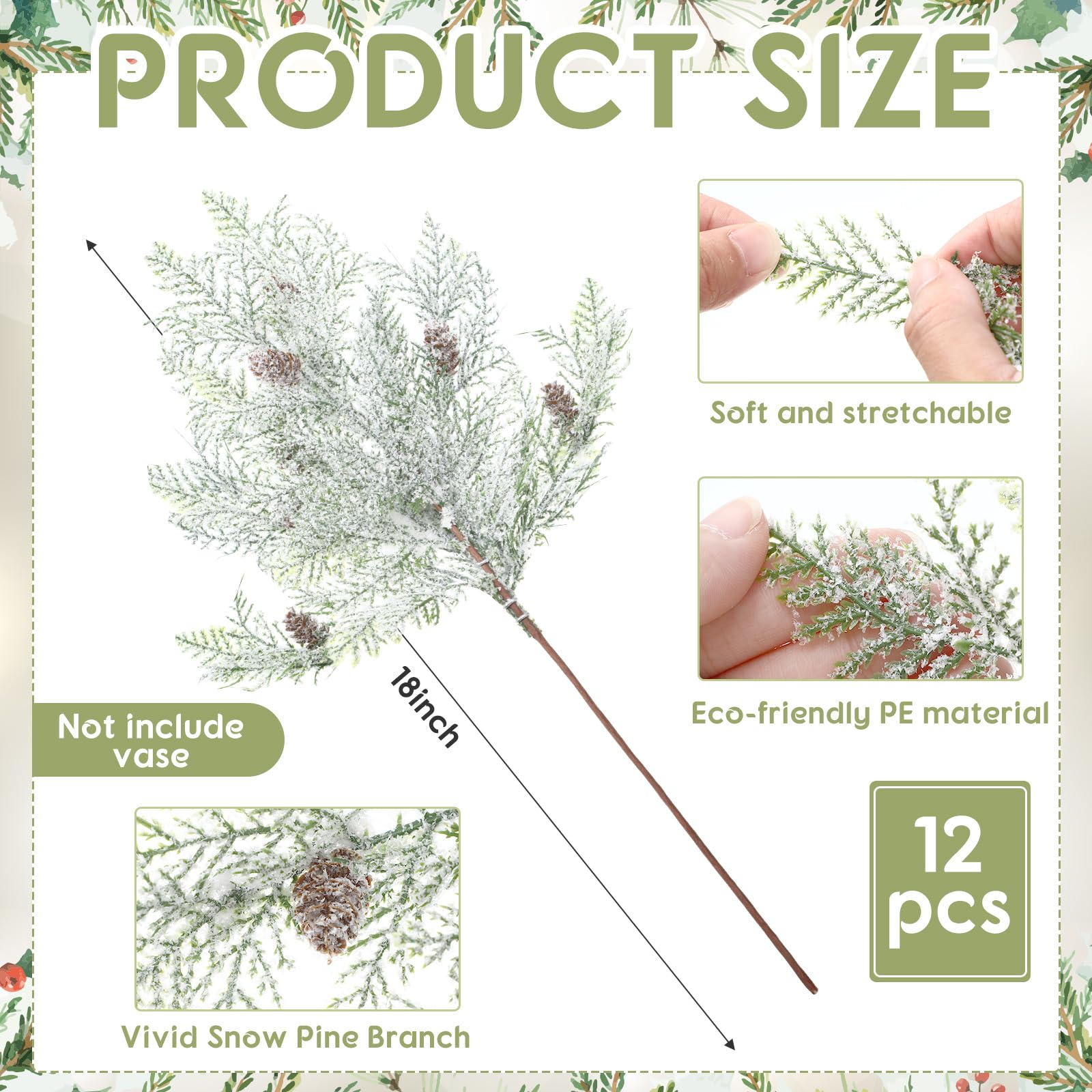 Giegxin Lot de 12 grandes branches de pin de Noël givrées de 45,7 cm avec pommes de pin artificielles pour couronne de Noël, travaux manuels, décoration d'intérieur