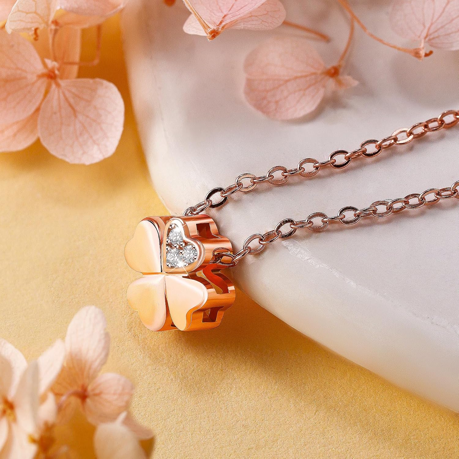14K Gold/Rose Gold Plated Four Leaf Clover Necklace Dainty Heart Cubic Zirconia Necklace 925 Sterling Silver Clover Pendant Necklaces | 16"+2" Adjustable Chain - Image 8