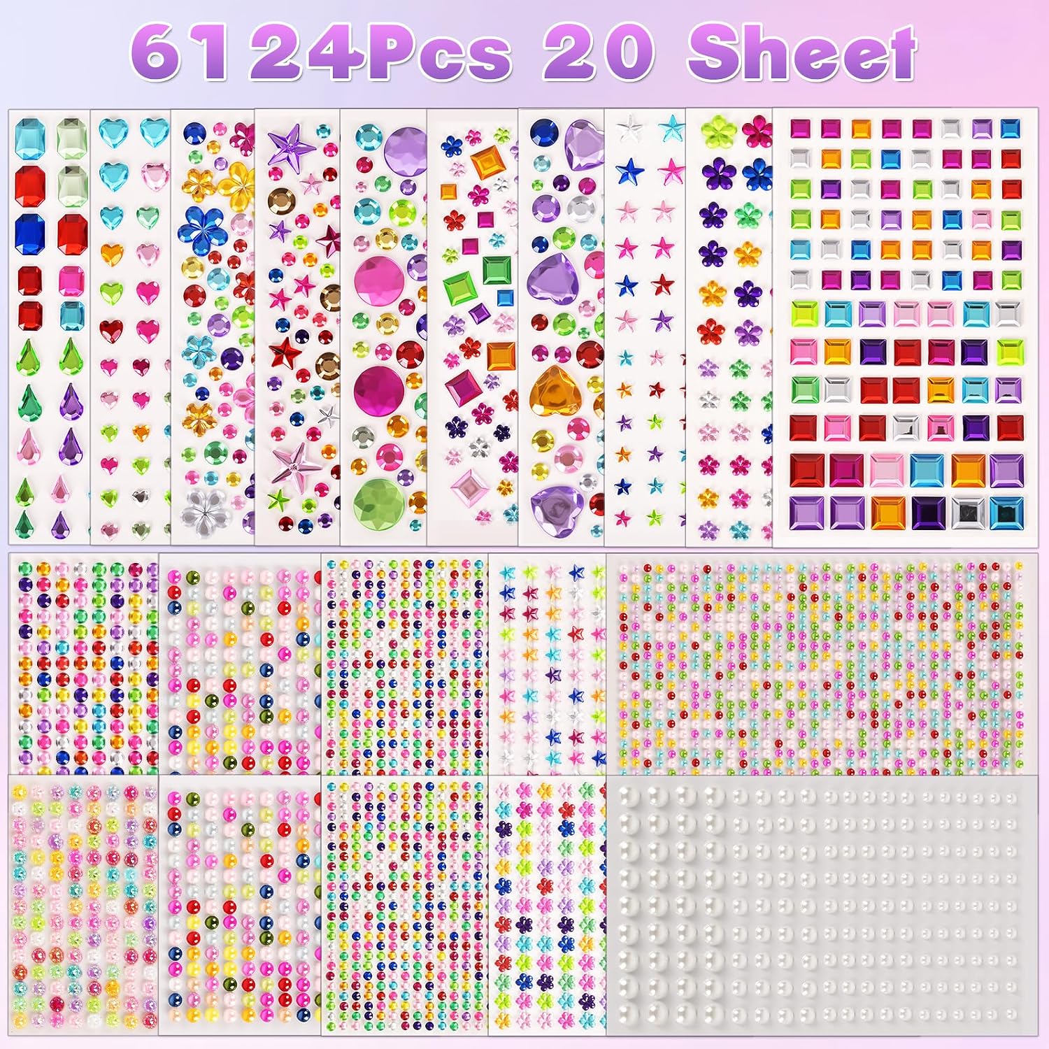 Gem Stickers, 6124Pcs Self-Adhesive Face Gems for Kids Crafts Nail Art DIY | Rhinestone Stickers for Crafts, Scrapbooking Notebook Decoration, Multicolor Shapes, Bling Jewel Stickers for Kids