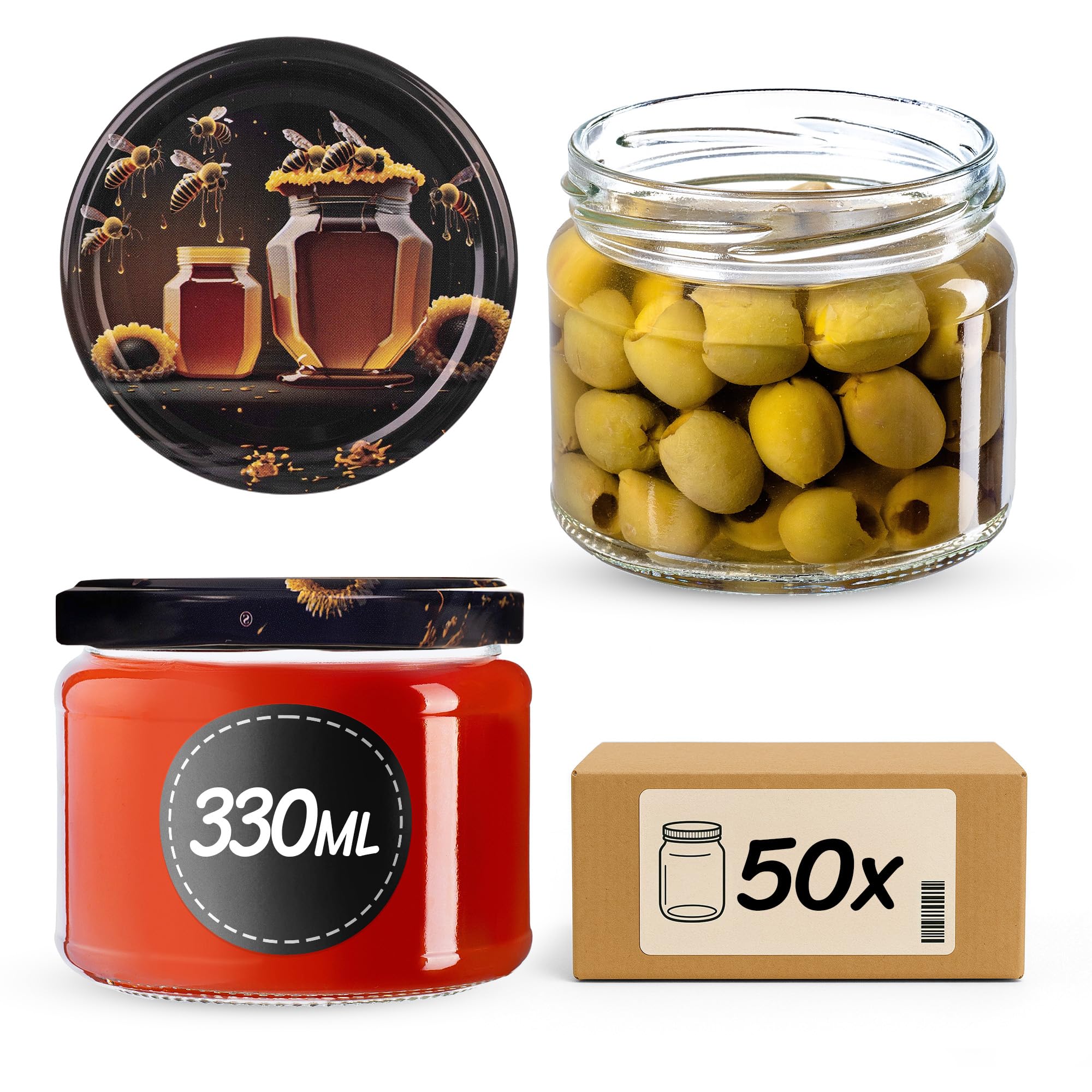 KADAX 50er Set Marmeladengläser 330ml TO82 Honig, Einmachgläser Vorratsgläser Mason Jar mit Schraubdeckel, Luftdichte Schraubgläser, Honig & Konfitüre