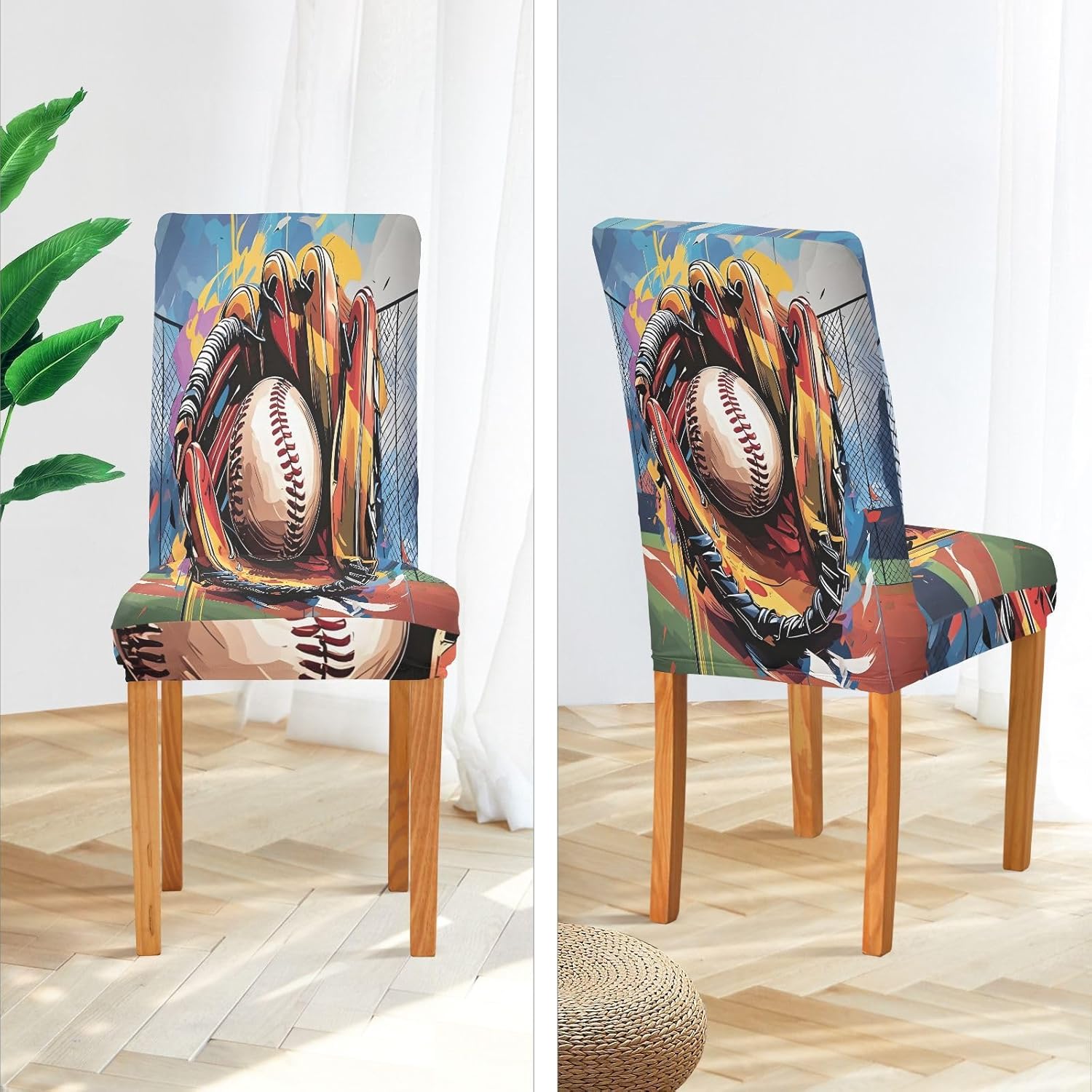 ALAZA Chair Covers for Dining Room, Baseball and Baseball Glove Stretch Chair Cover Sets Chair Protector Removable Washable for Ktichen Restaurant Hotel