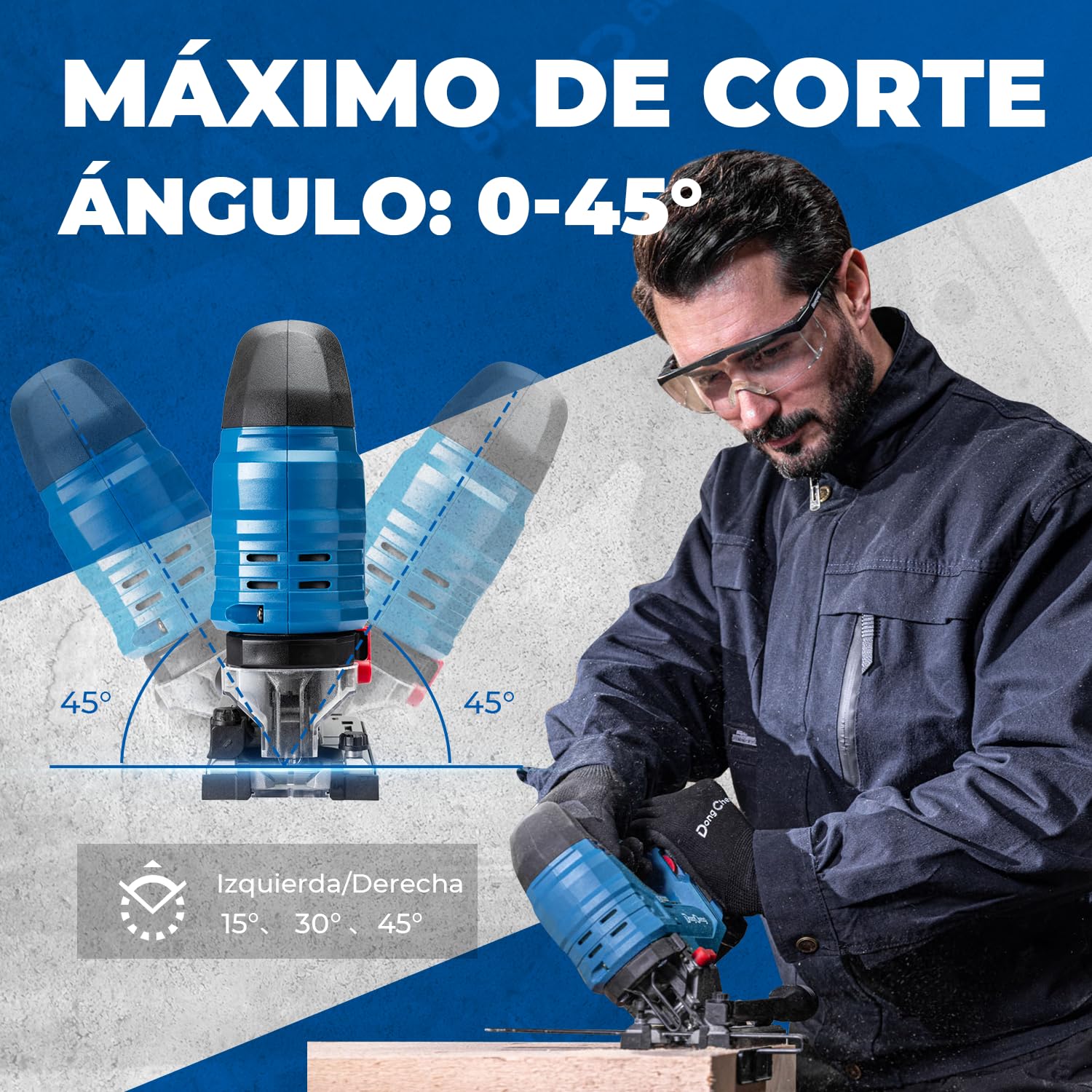 Dong Cheng Sierra de Calar 18V Sin Escobillas | Orbital 800-3500 c.p.m. | Inglete 0-45° | 6 Velocidades | Con Doble LED, Soplador, Batería 4Ah, Cargador, 6 Hojas & Maletín