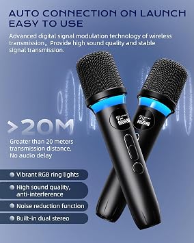 Karaoke Machine,IPX5 Waterproof Portable Bluetooth 5.3 Speaker with 2 Wireless Microphones for Adults & Kids,60W PA System Supports TWS/TF Card/USB/AUX/Live for Home Party-Black