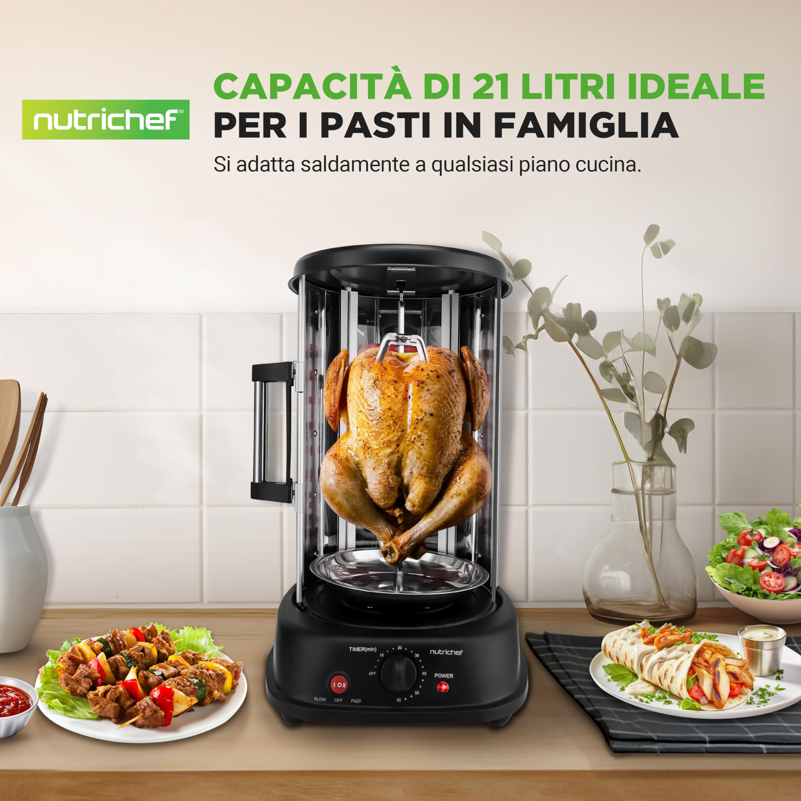 NutriChef Girarrosto Elettrico Forno Verticale 1500 Watt da Appoggio, per Kebab, Pollo Arrosto, Shawarma e Spiedini, con 7 Spiedi e Porta Resistente al Calore, per Casa e Cucina
